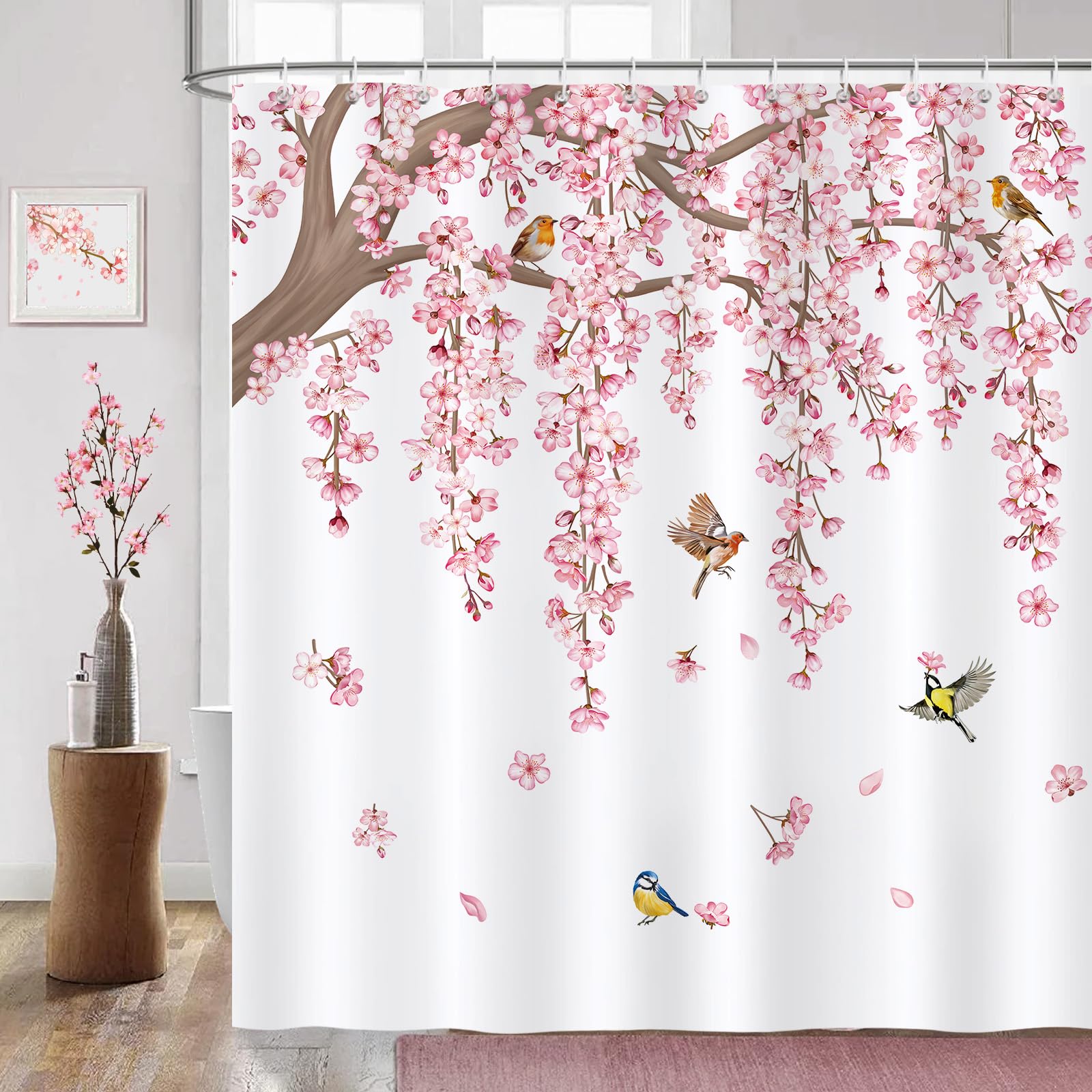 COZZSNUGE Pink Cherry Blossom Shower Curtain | Sakura Floral Polyester