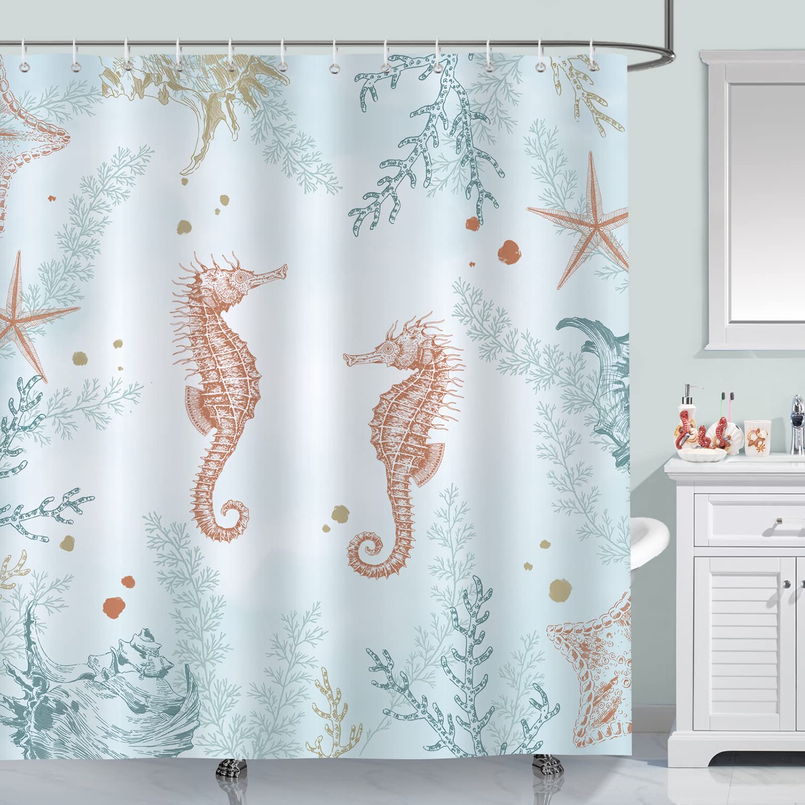 Bonhause Seahorse Shower Curtain | 180x180cm Coastal Ocean Polyester
