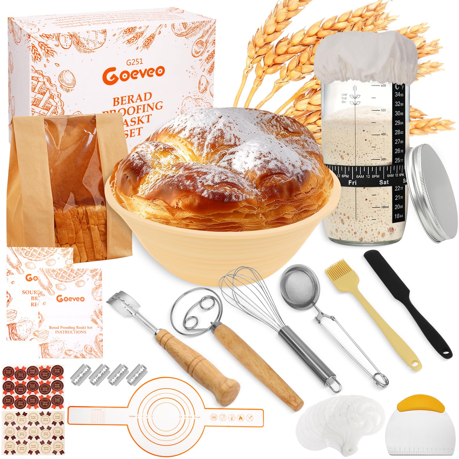 Goeveo Sourdough Starter Kit – 16Pcs Bread Proofing Basket & Jar