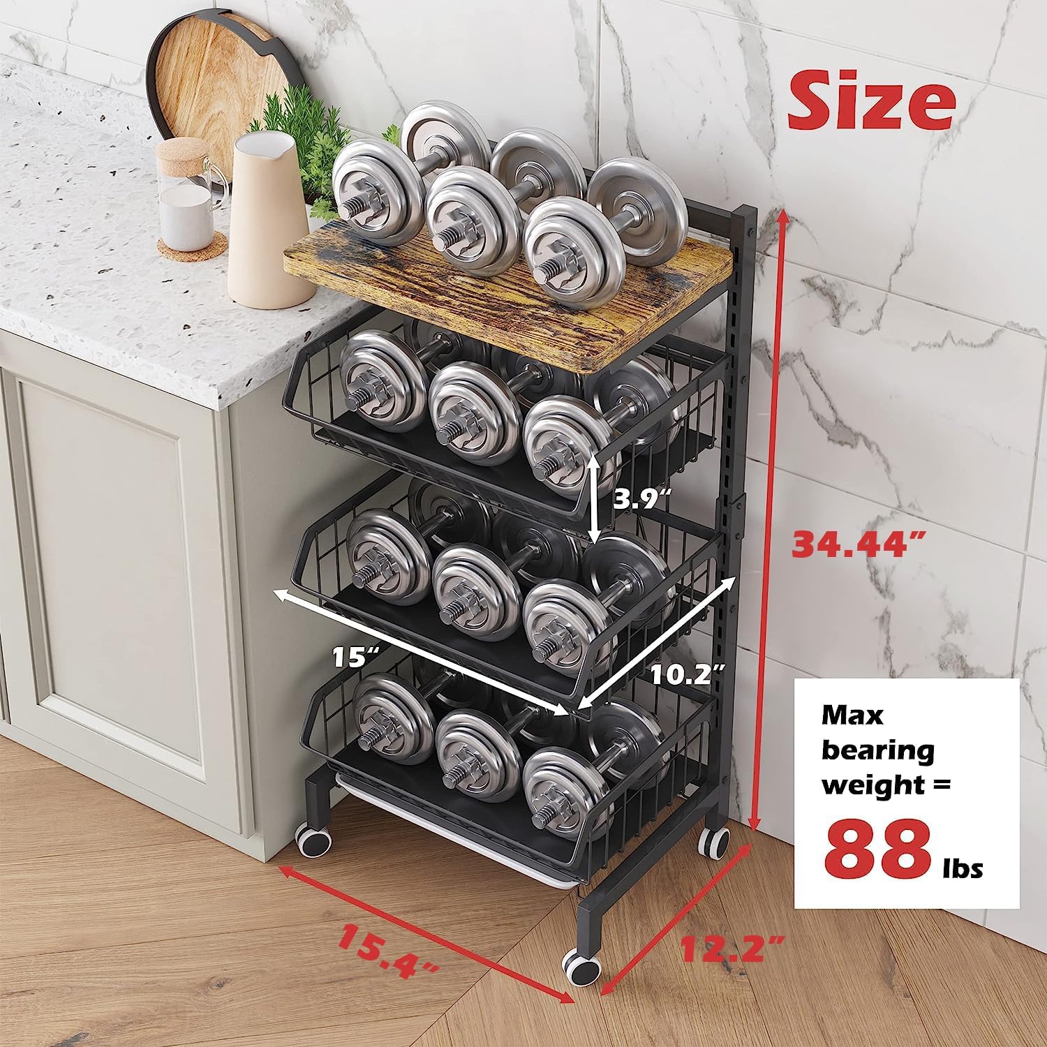 UMDONX 4-Tier Kitchen Vegetable Storage Trolley | Black Metal Rolling Cart