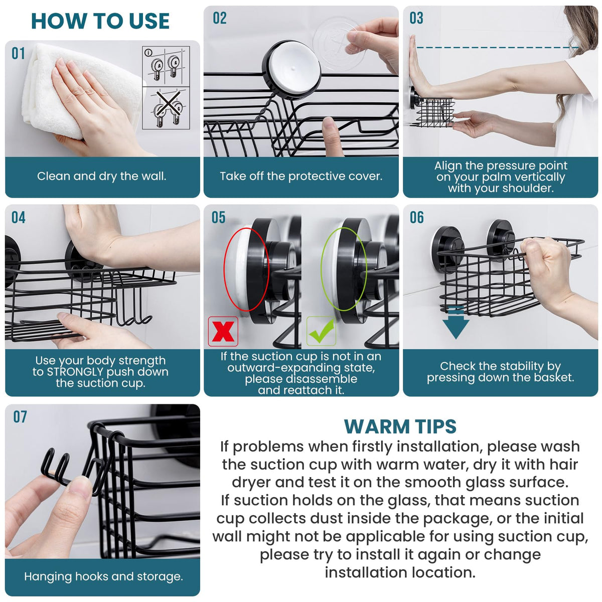 TAILI Suction Shower Caddy Stainless Steel Rustproof Suction Cup, Black - image 5