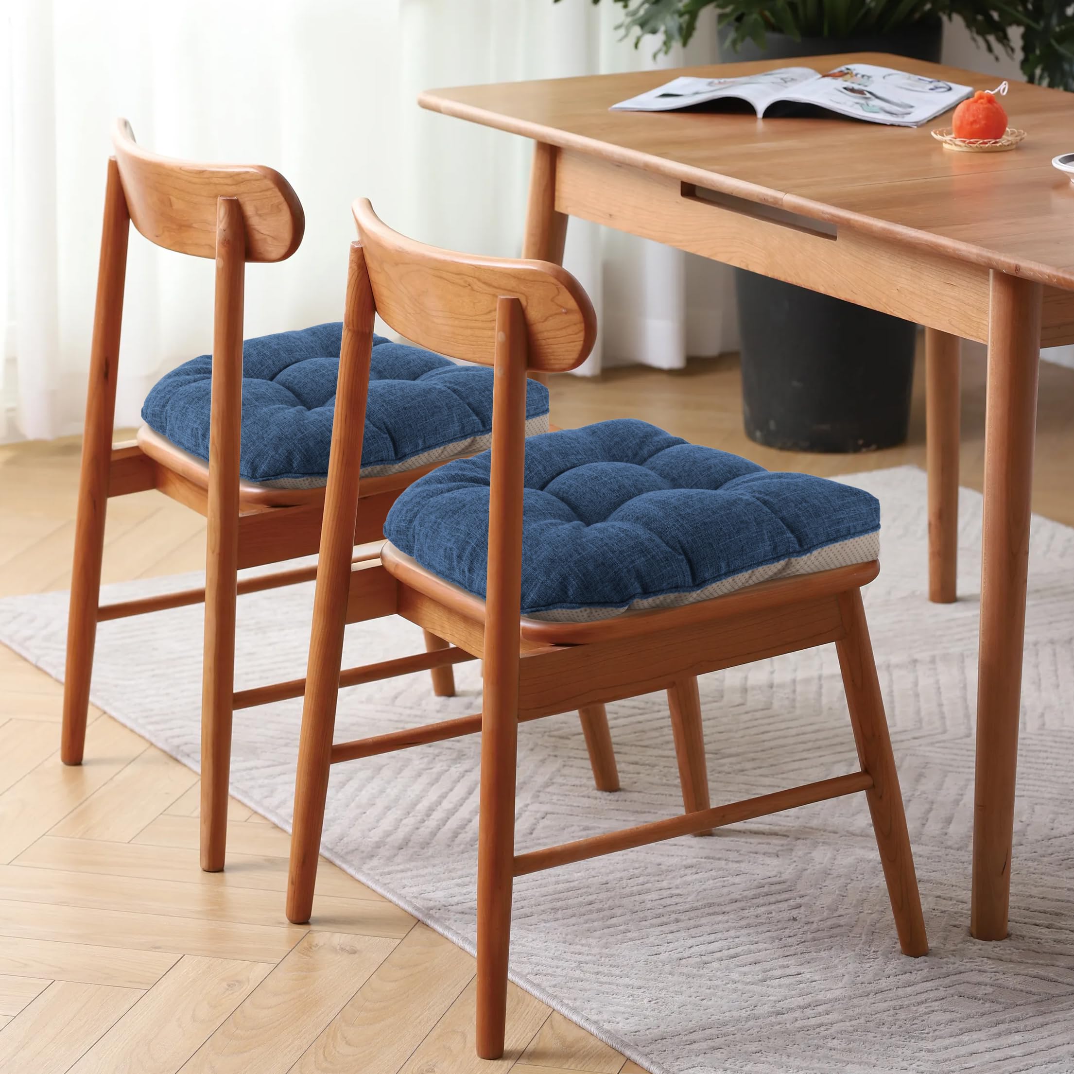 FlyGulls Non-Slip Dining Chair Cushions - Set of 4 Tufted Faux Linen Pads