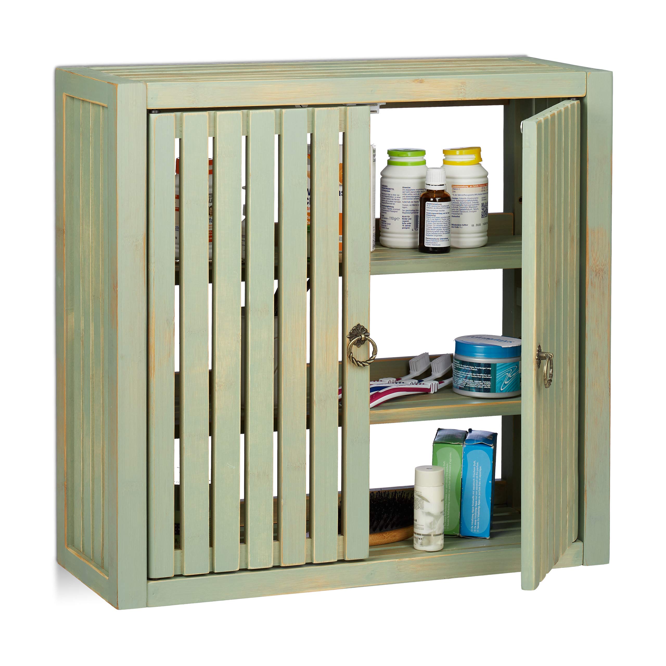 Relaxdays Vintage Bamboo Wall Cabinet | 2-Door Bathroom Storage - Green