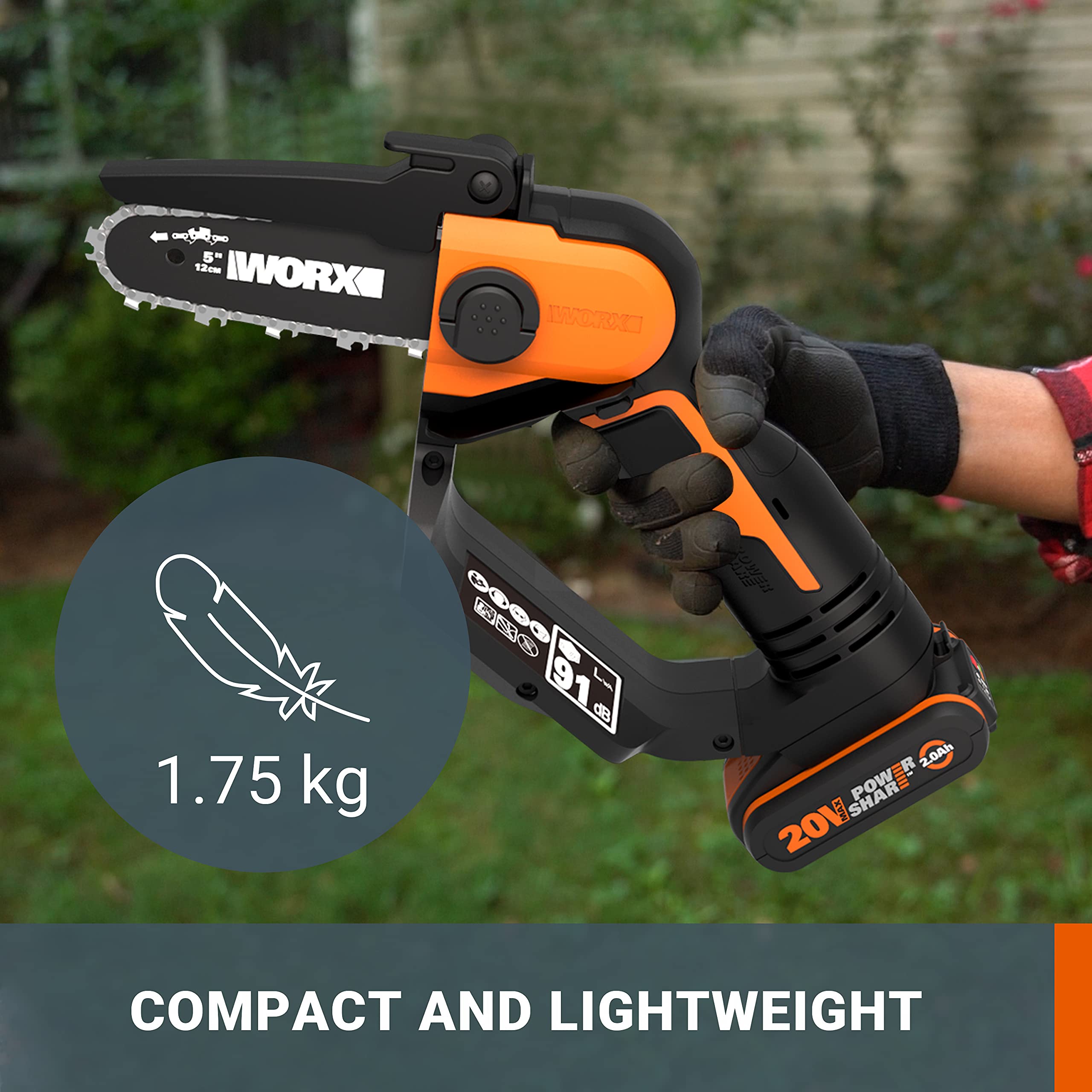 Worx WG324E.9 20V Cordless Compact Chainsaw | 12cm Pruning Saw - Tool Only