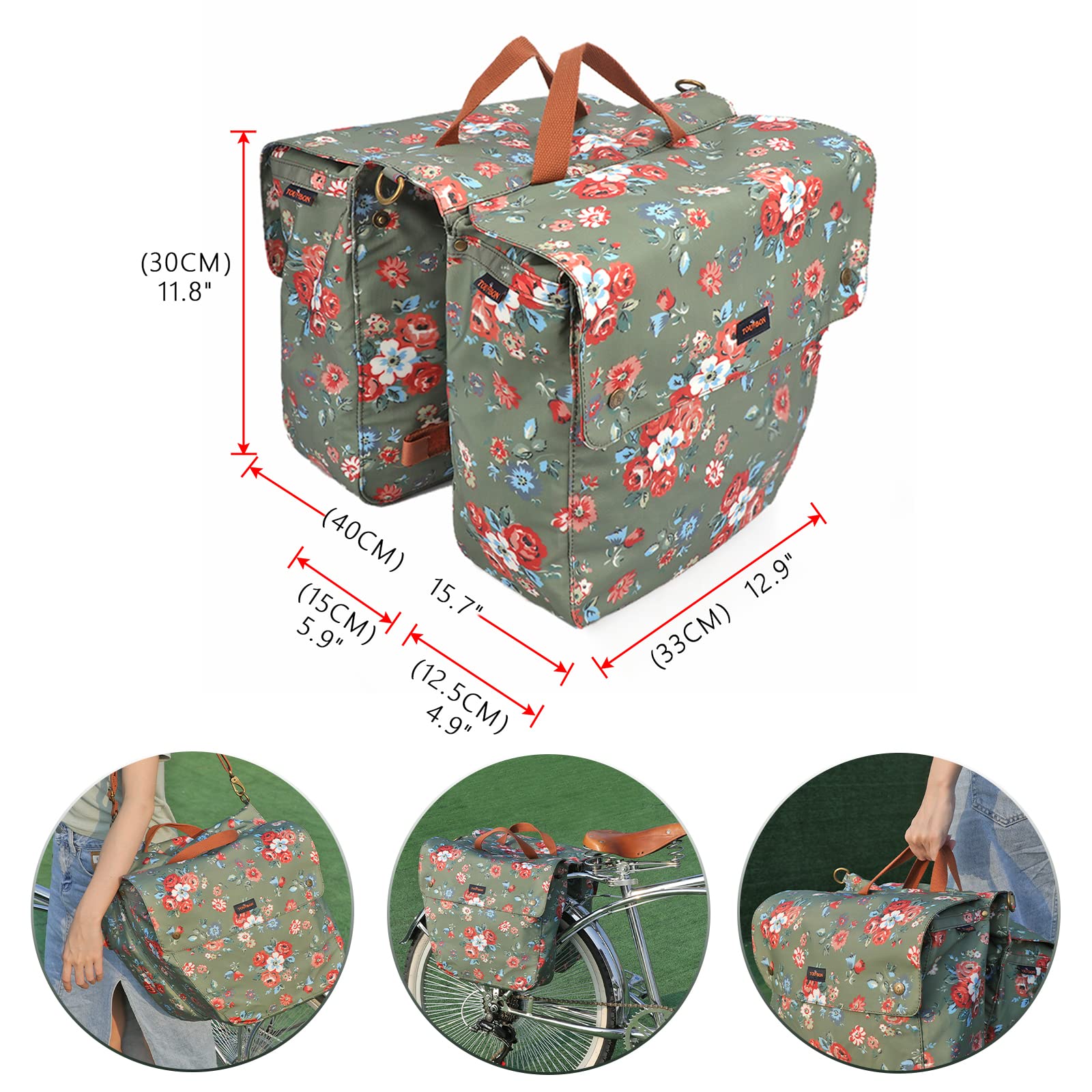 Tourbon Waterproof Canvas Bicycle Double Pannier Bag – Flower Pattern