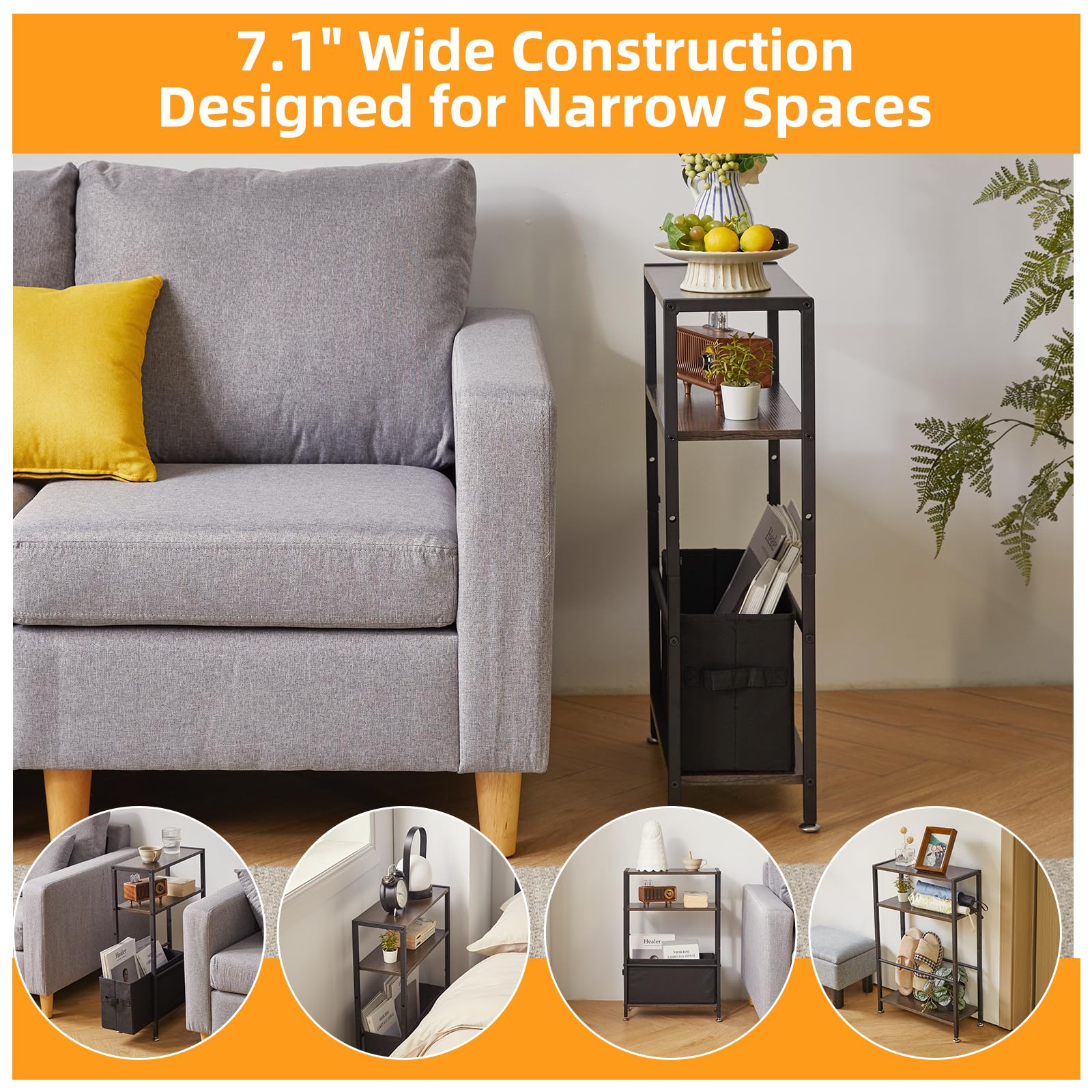 Aibiju 3-Tier Slim Side Table – Narrow Industrial End Table with Storage