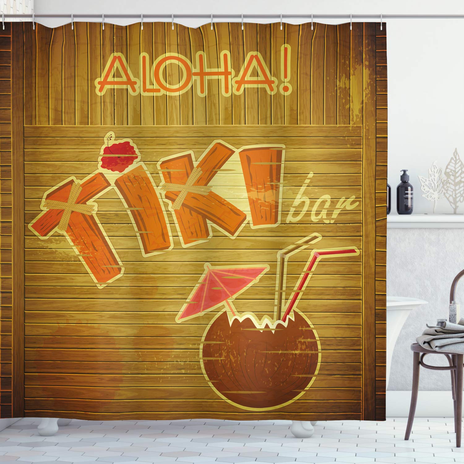 ABAKUHAUS Tiki Bar Shower Curtain | Waterproof Fabric Bathroom Decor Set