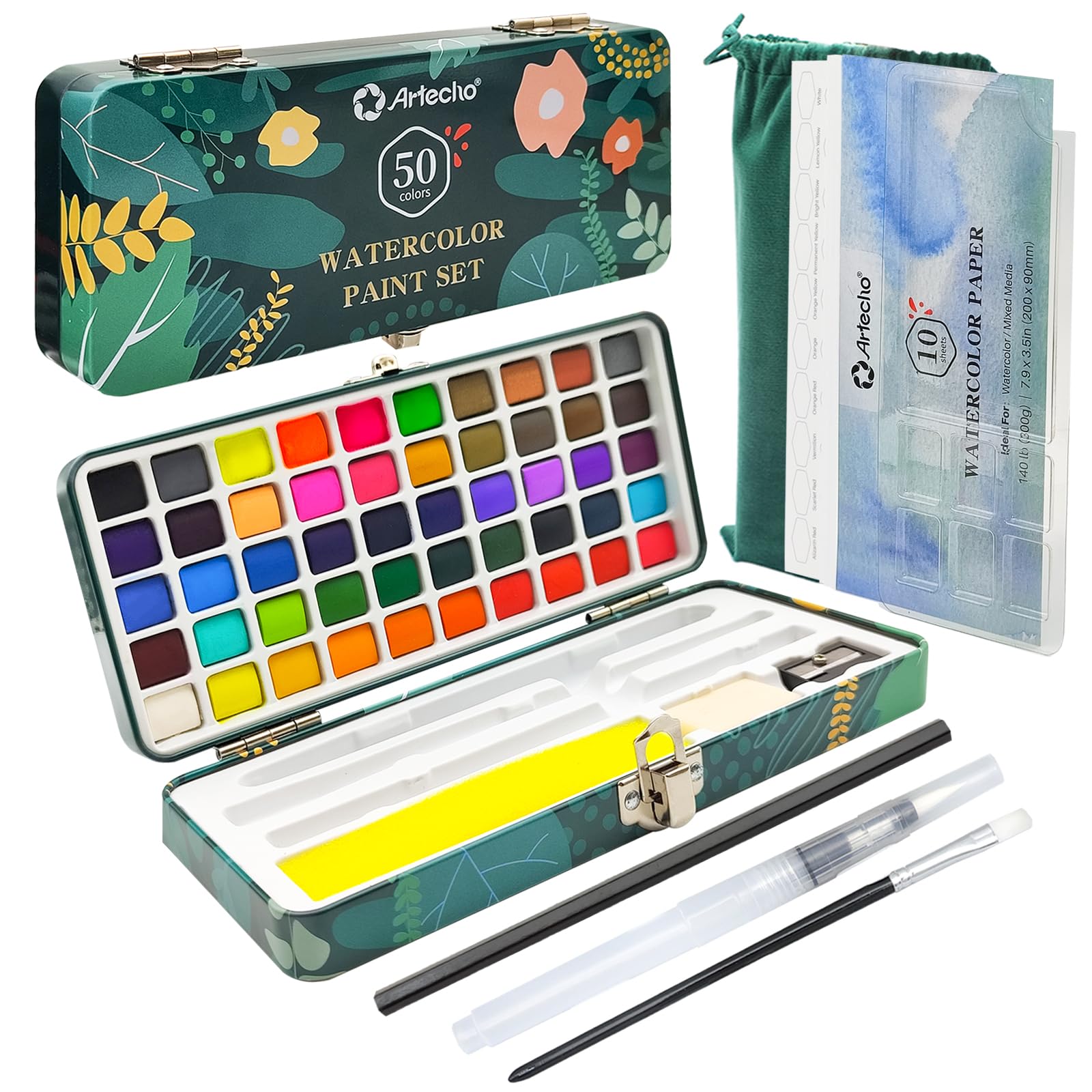 Artecho 50 Color Watercolour Paint Set – Portable Travel Art Kit with Case