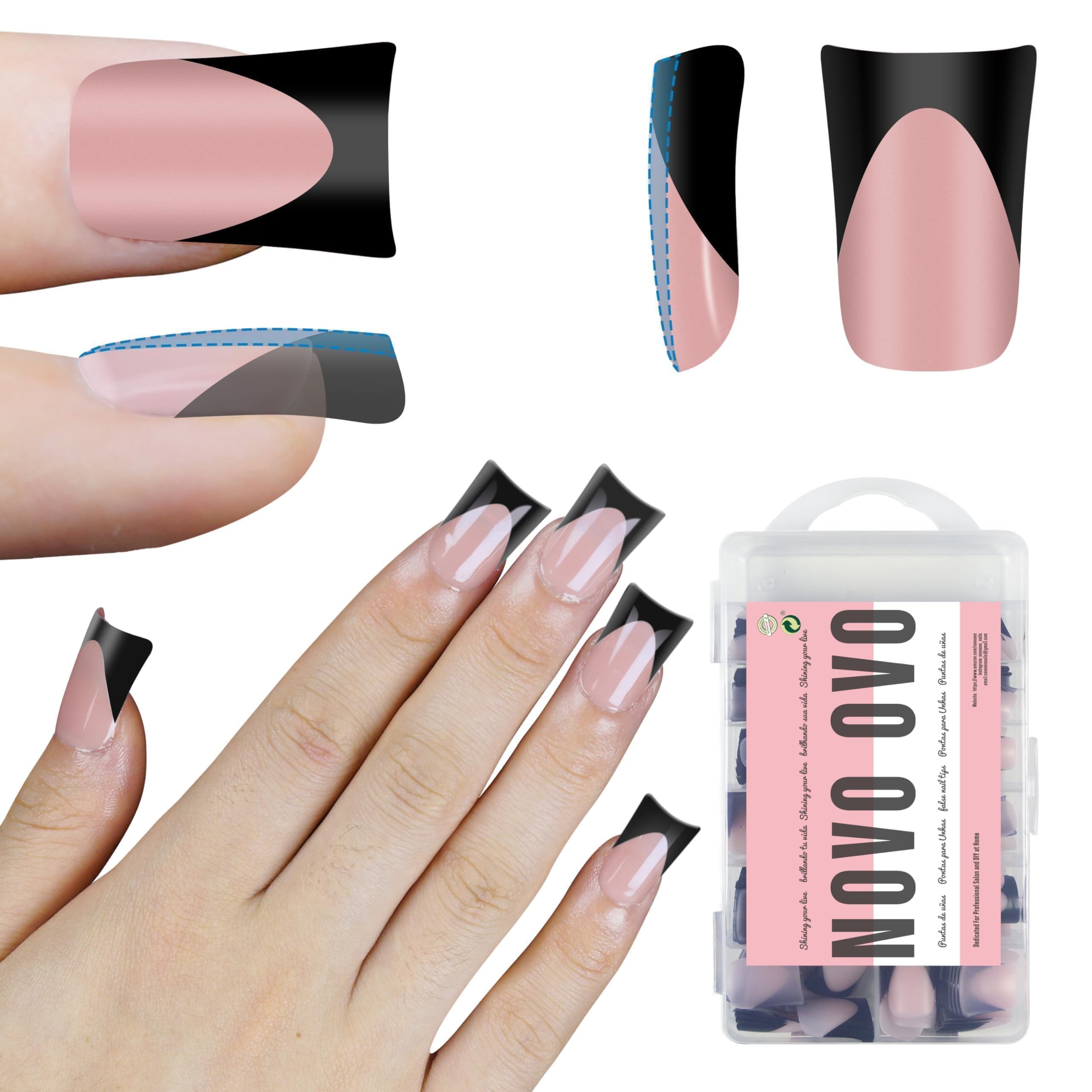 NOVO OVO Short Duck Nail Tips | Black French Tip Soft Gel Press On Nails