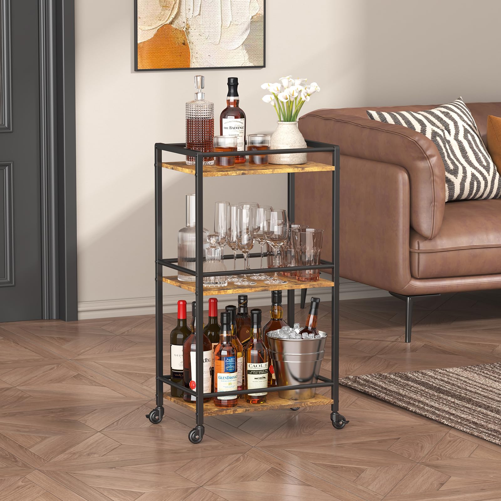 Lifewit 3-Tier Rolling Bar Cart | Rustic Brown Metal Serving Trolley