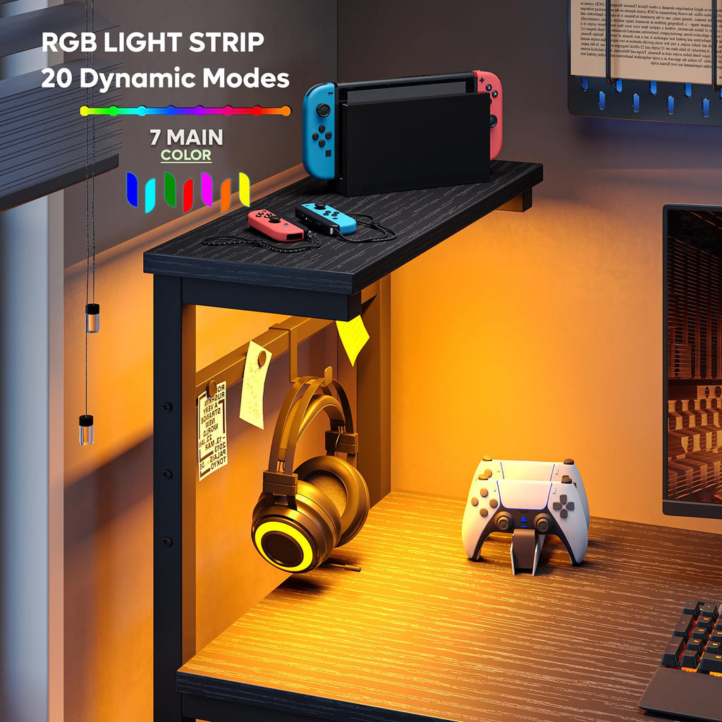 Bestier Small Corner Computer Desk with LED Lights & Storage - 113CM