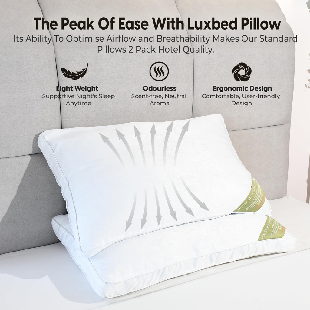 LuxBedCo Mulberry Silk Pillows 2 Pack – Soft Hotel Bedding Set