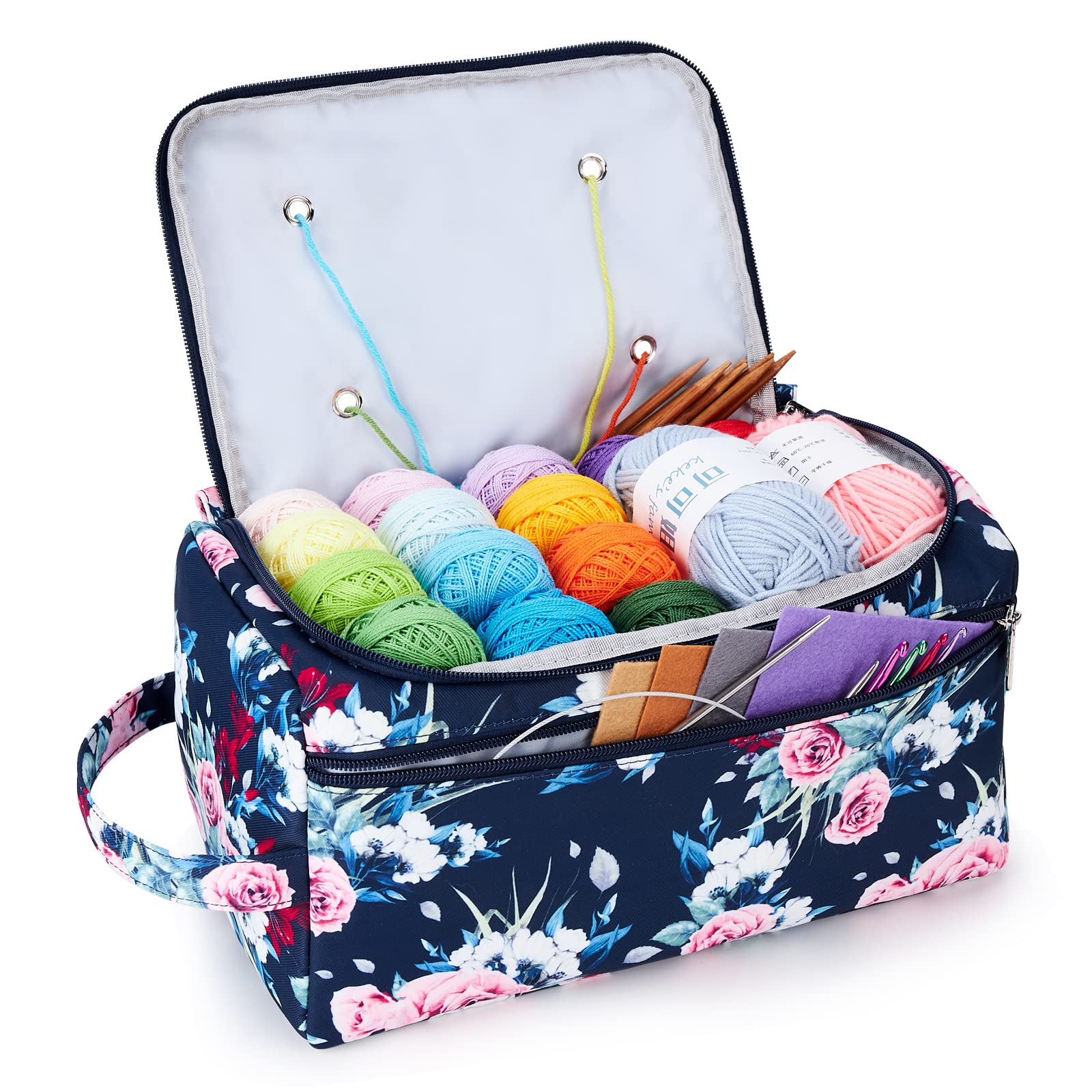 KALIDI Yarn Storage Knitting Bag | Floral Crochet Hook Organizer - Rose