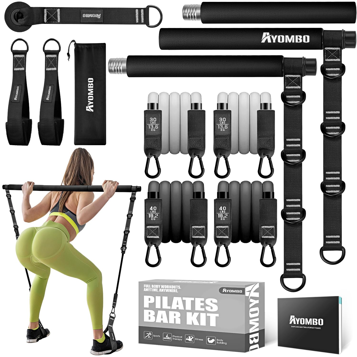Pilates Bar Kit | Adjustable Resistance Bands Home Gym Set