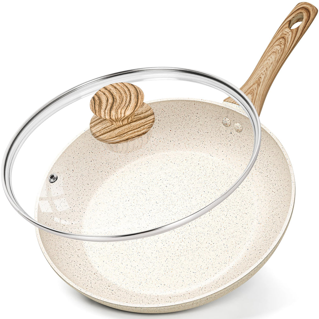 Michelangelo 30cm Nonstick Frying Pan with Lid | White Granite Skillet