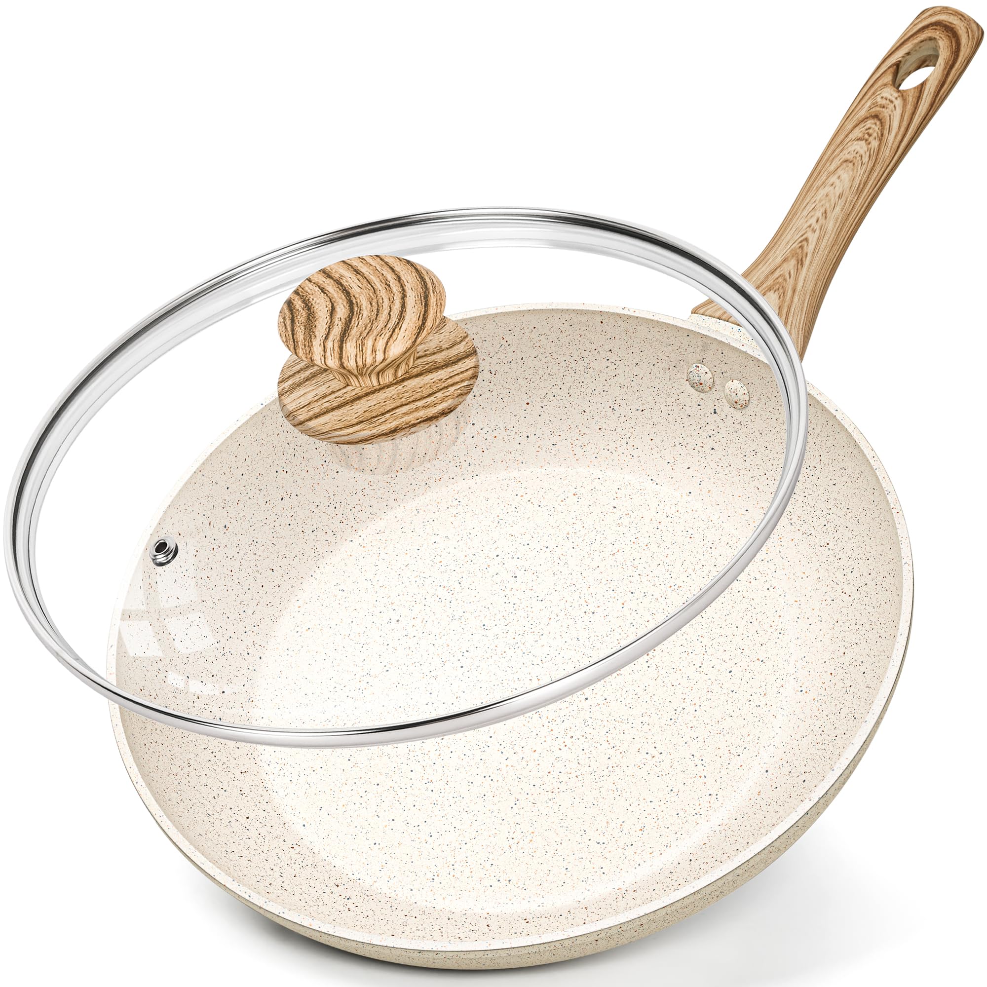 Michelangelo 30cm Nonstick Frying Pan with Lid | White Granite Skillet
