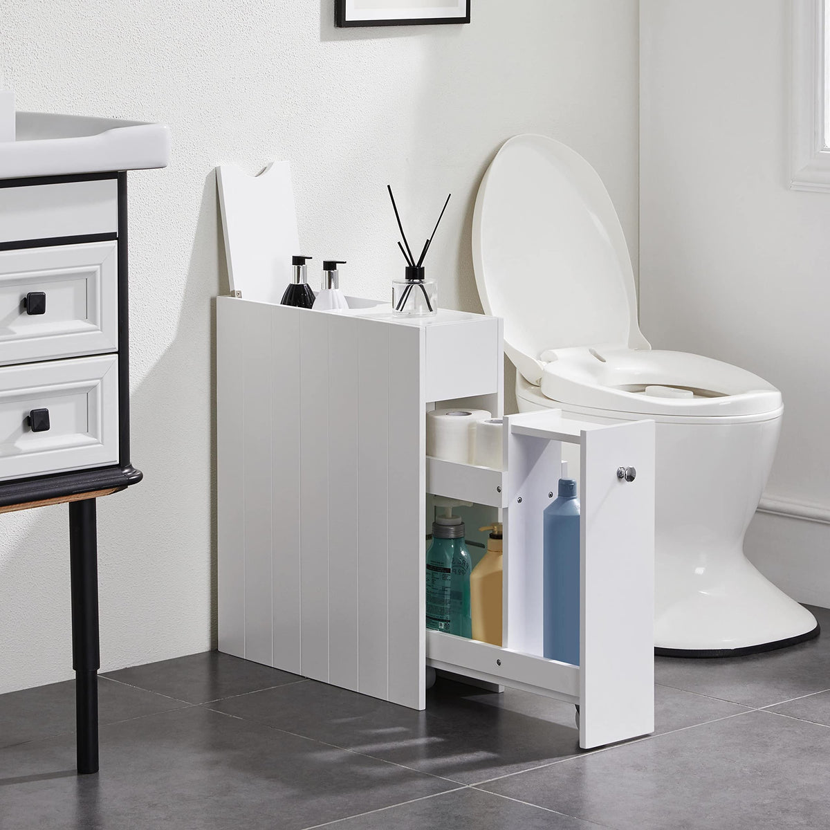 Yaheetech Slim Bathroom Cabinet on Wheels with Drawer & Slide Shelf, White - image 2