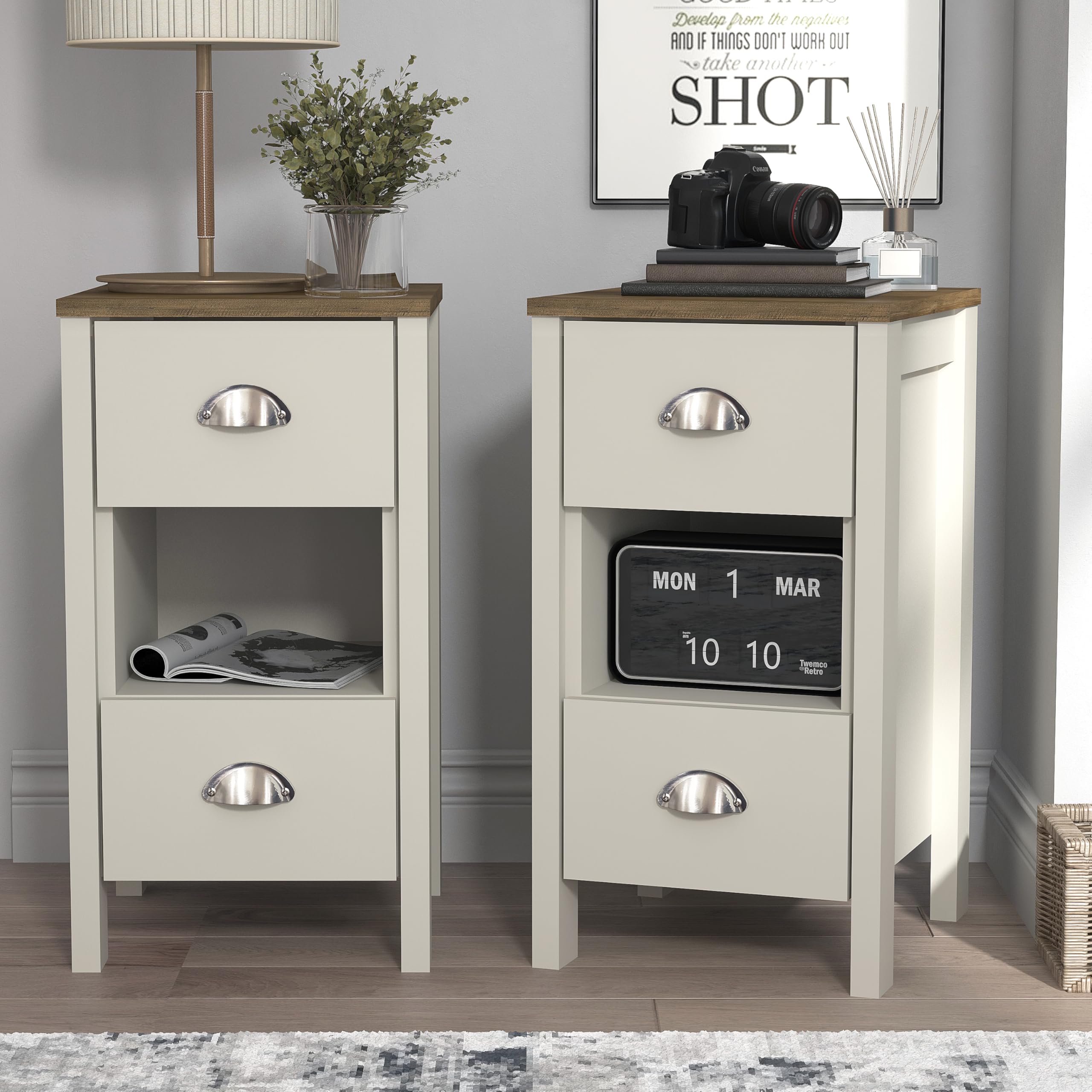 Galano Gemma Set of 2 Bedside Tables - 2 Drawer Storage - Light Grey/Oak