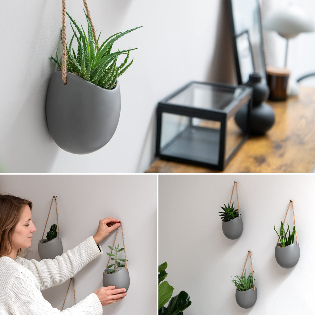 Kazai Ellie Hanging Ceramic Wall Planters – 3-Piece Indoor Garden Set, Grey