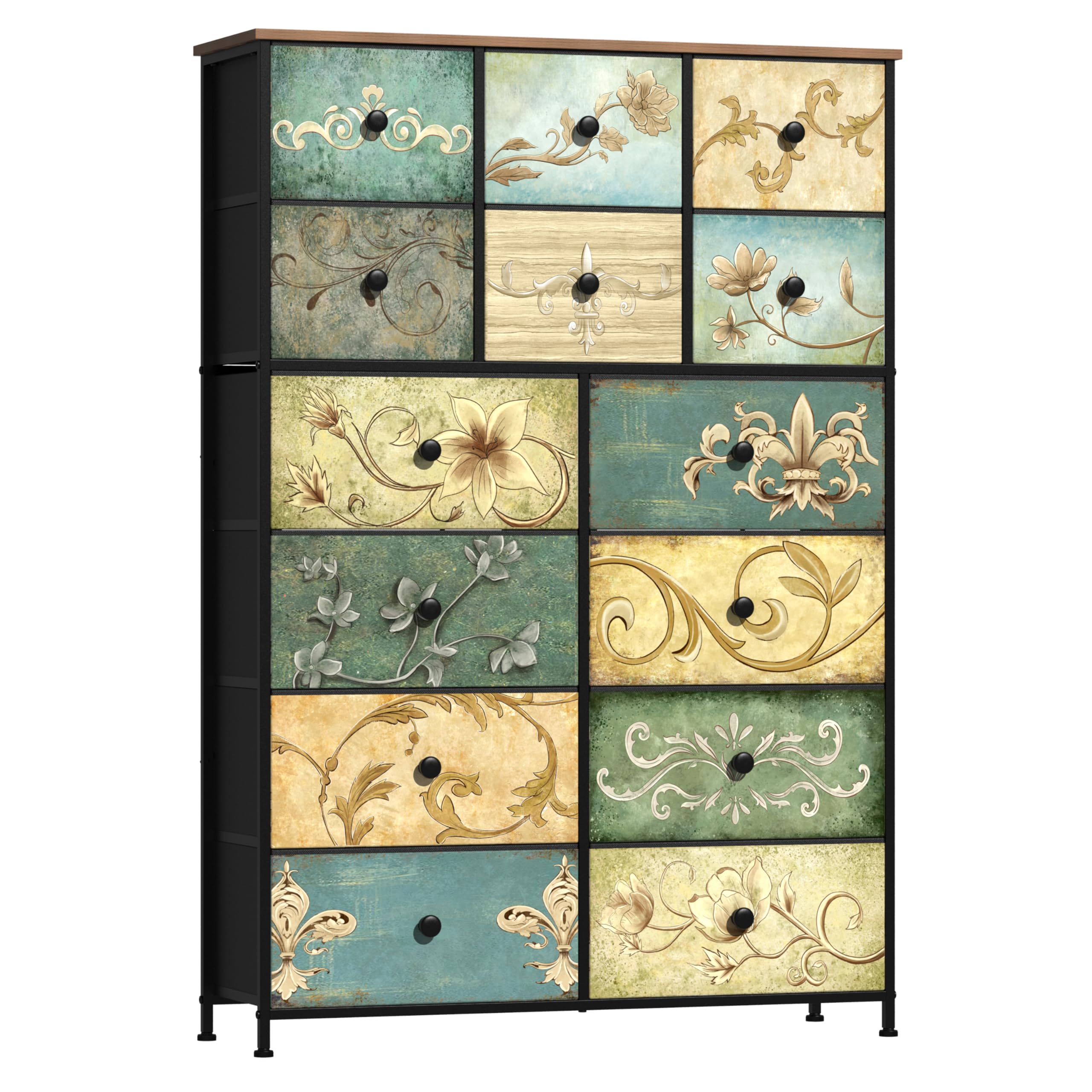 VEDECASA 14-Drawer Fabric Dresser | Floral Print Storage Unit with Wood Top