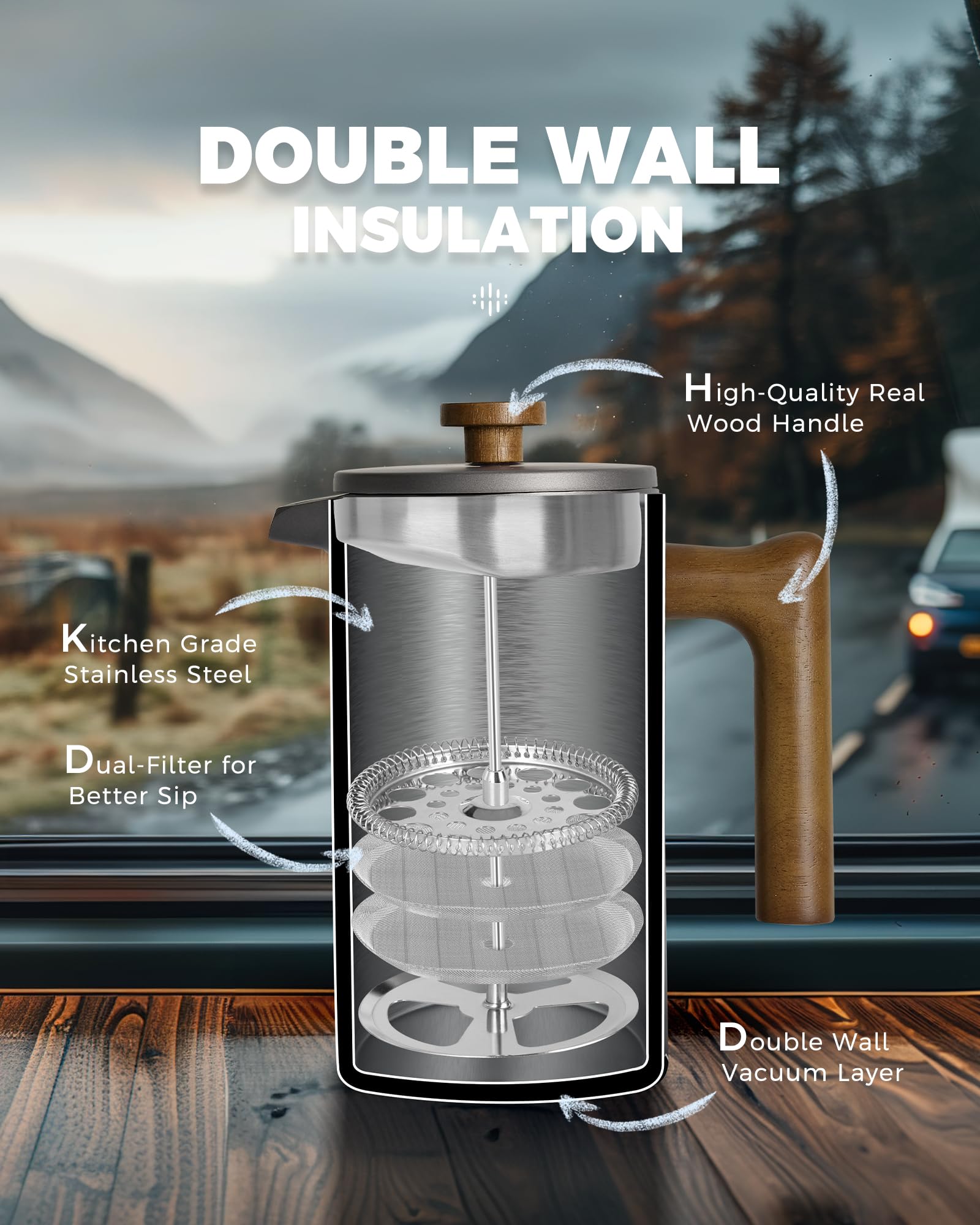 Poliviar French Press Coffee Maker - 1L Insulated Stainless Steel Cafetiere
