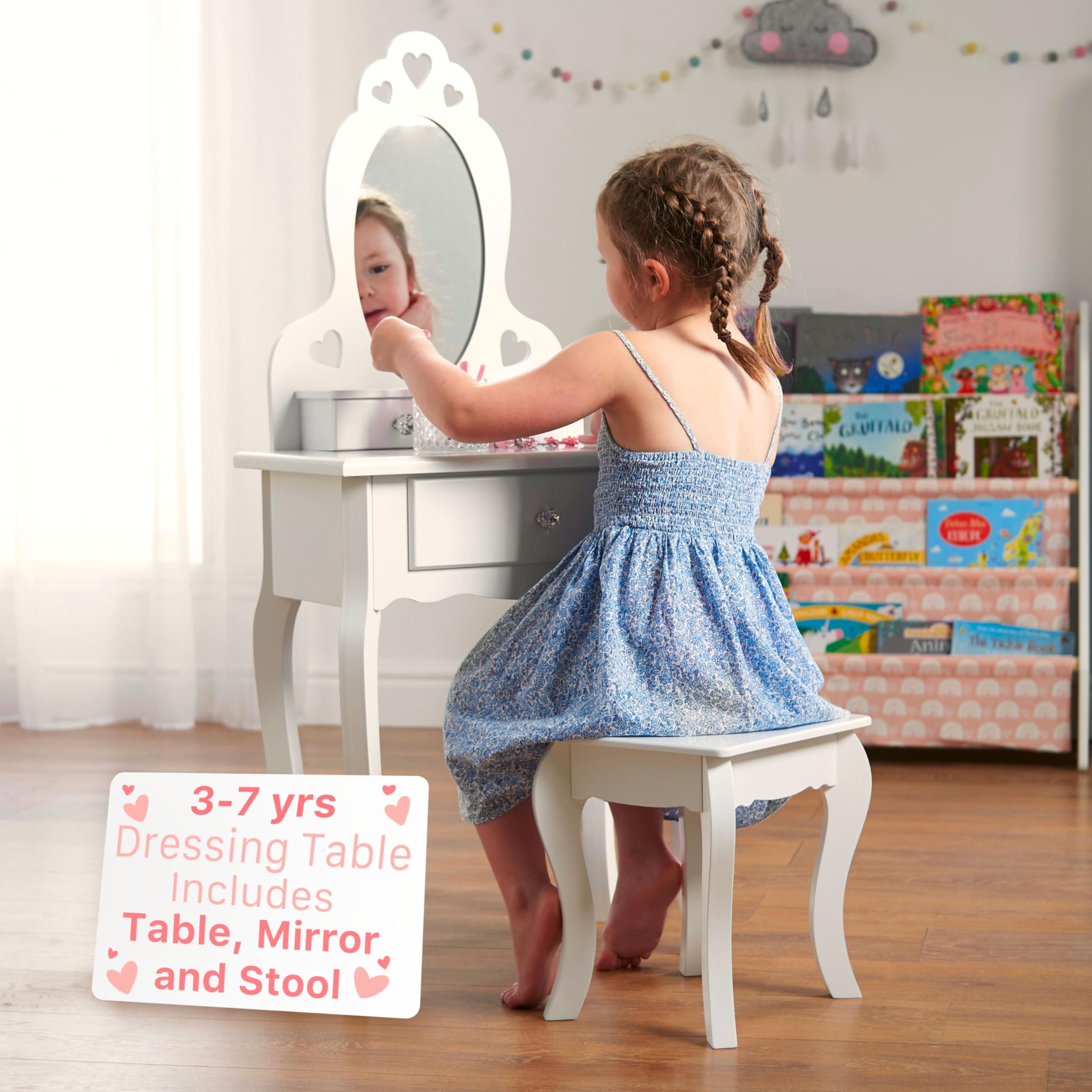 Runesol Girls Dressing Table Set with Mirror and Stool – White Wooden Vanity