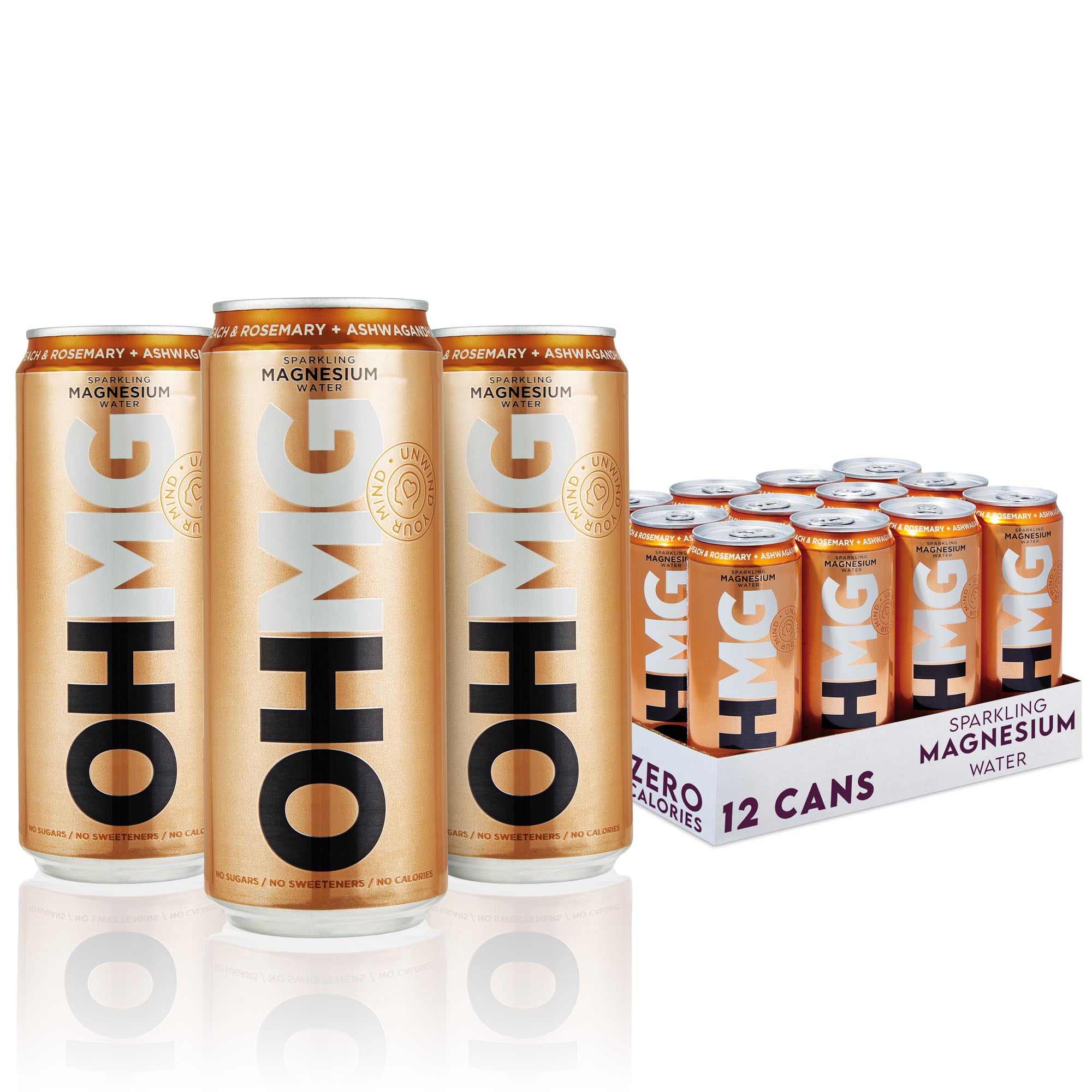OHMG Sparkling Magnesium Water - Peach & Rosemary with Ashwagandha - 12 Pack