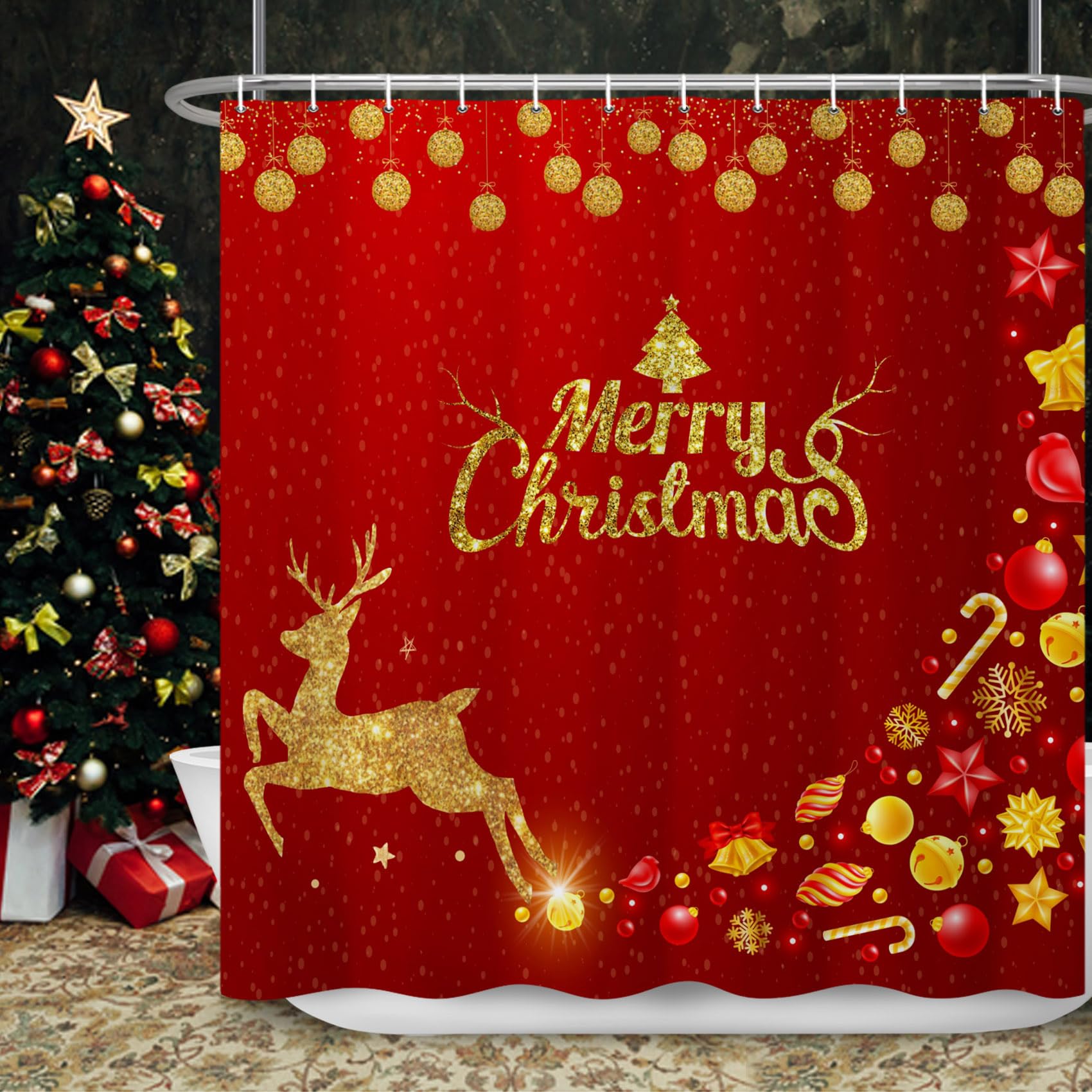 Ttincceer Merry Christmas Shower Curtain | Golden Elk Waterproof Polyester