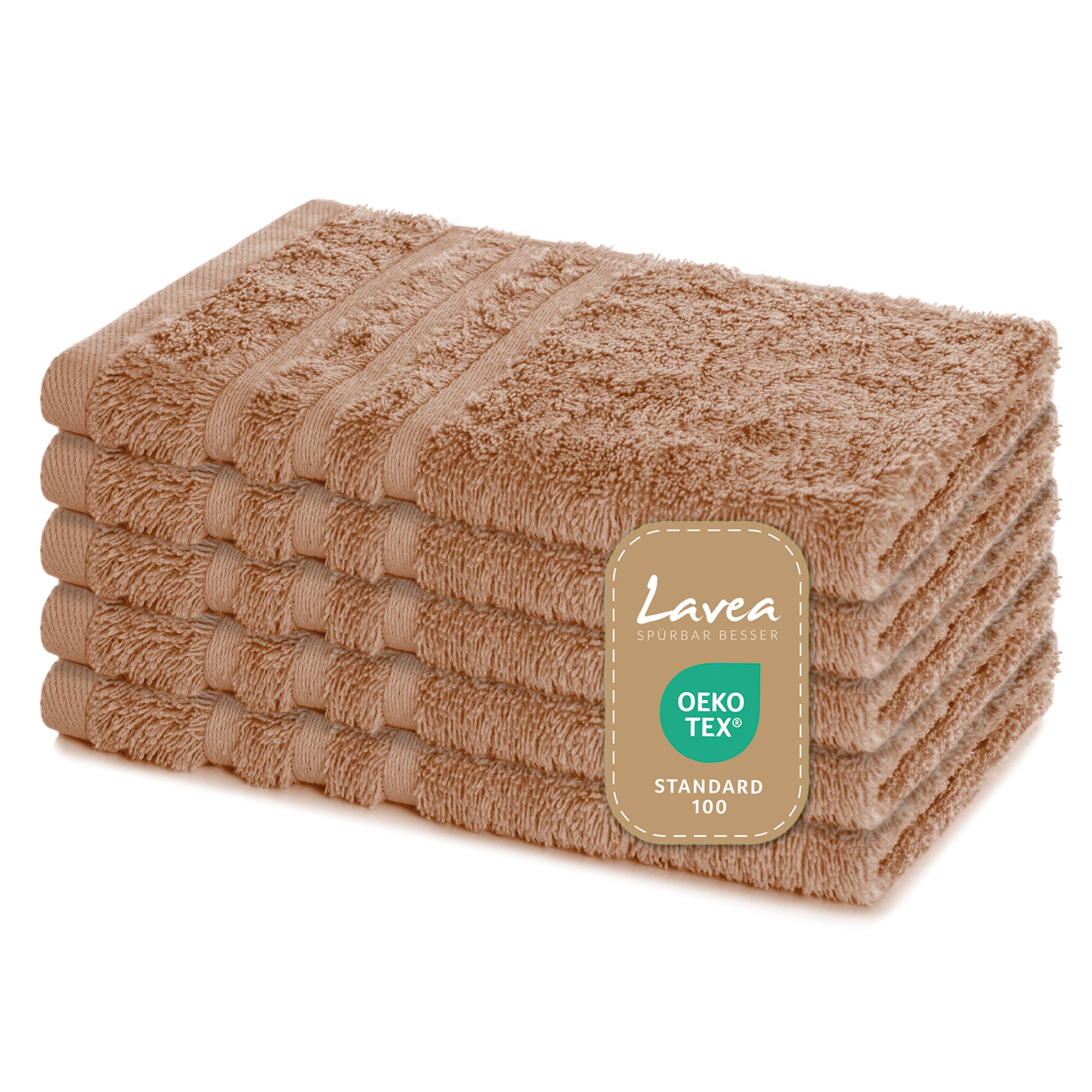 Lavea Set of 5 Guest Towels – 100% Cotton Terry, 30x50cm, Cappuccino