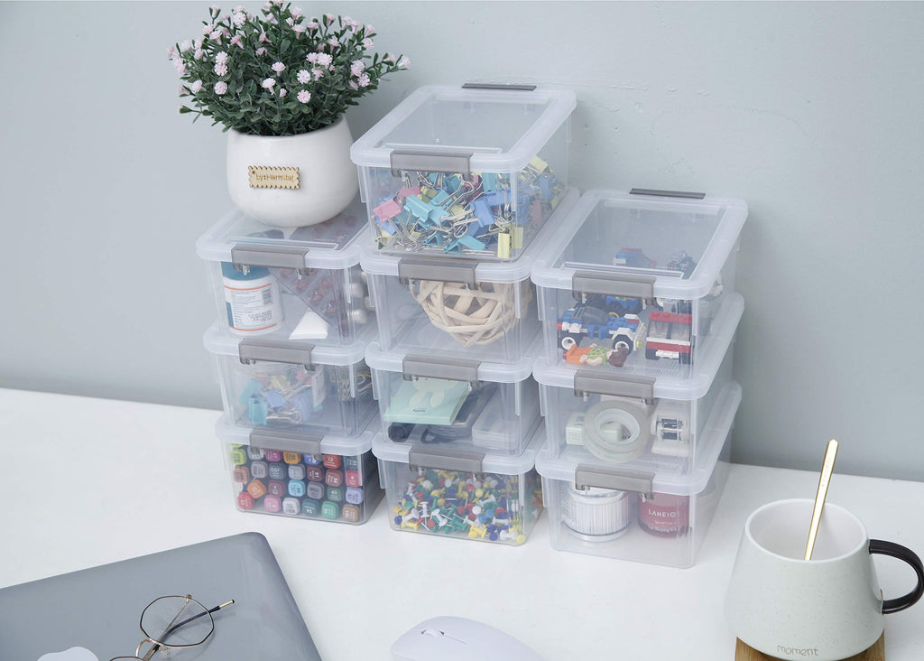 Citylife 10 Pack Storage Boxes with Lids Plastic Small Clear Stackable Box for Shelves Toys, 1.25L - image 4