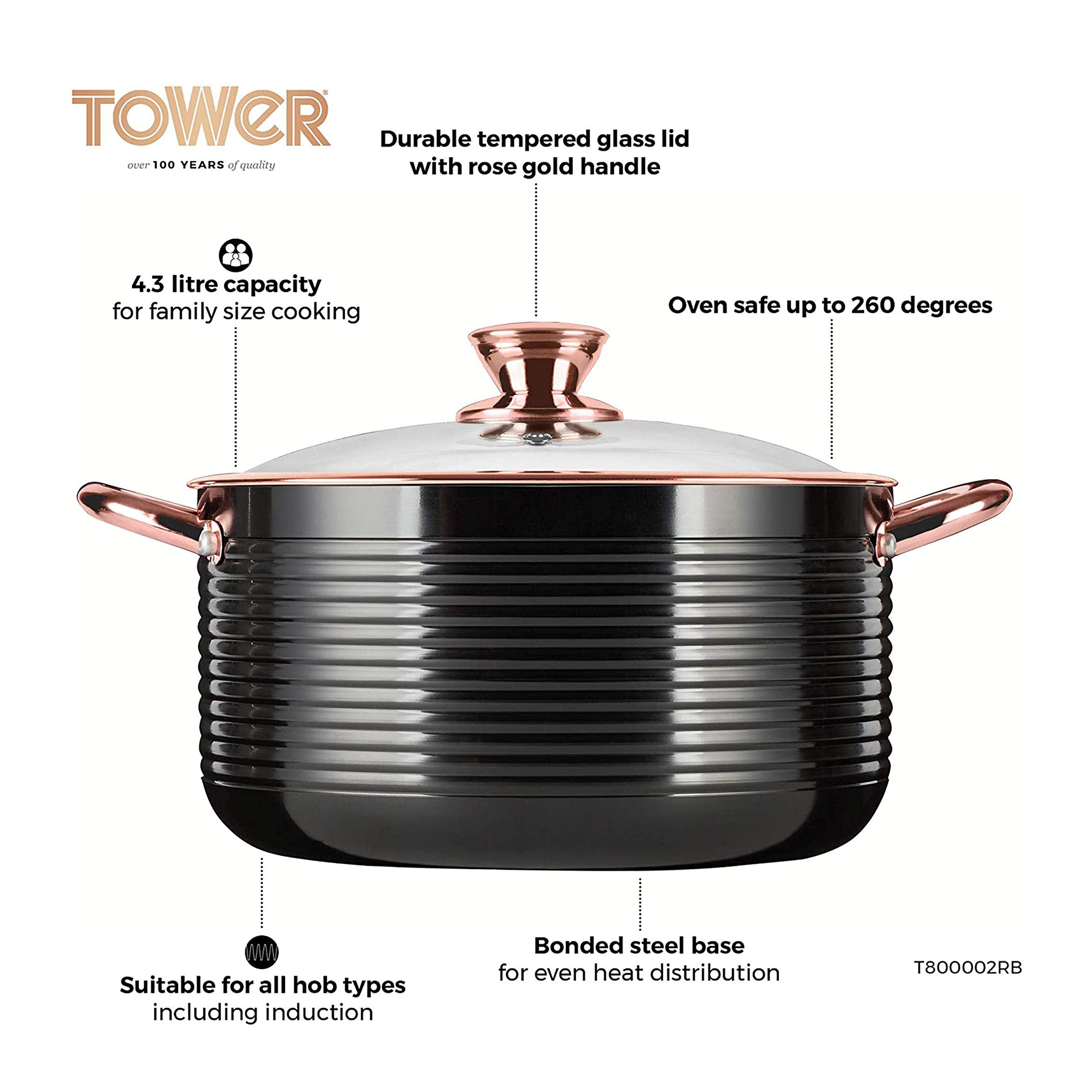 Tower Linear Casserole Dish with Lid | Non-Stick Aluminium, 4L - Rose Gold