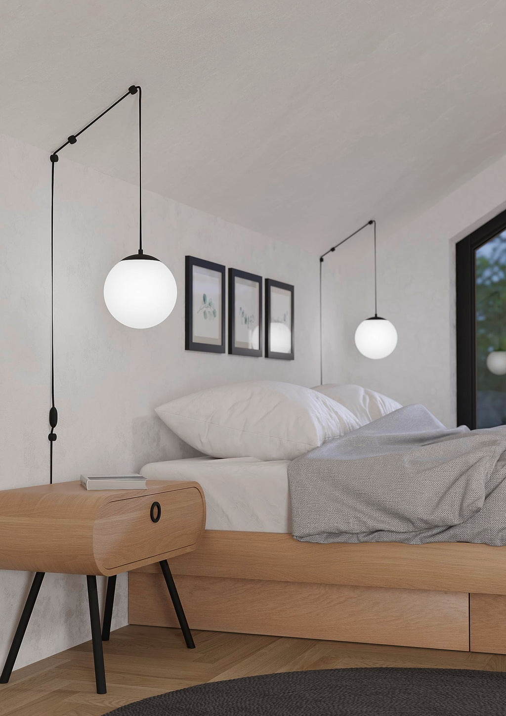 Eglo Rondo 3 Plug-In Pendant Lamp | Black Metal & White Opal Glass E27