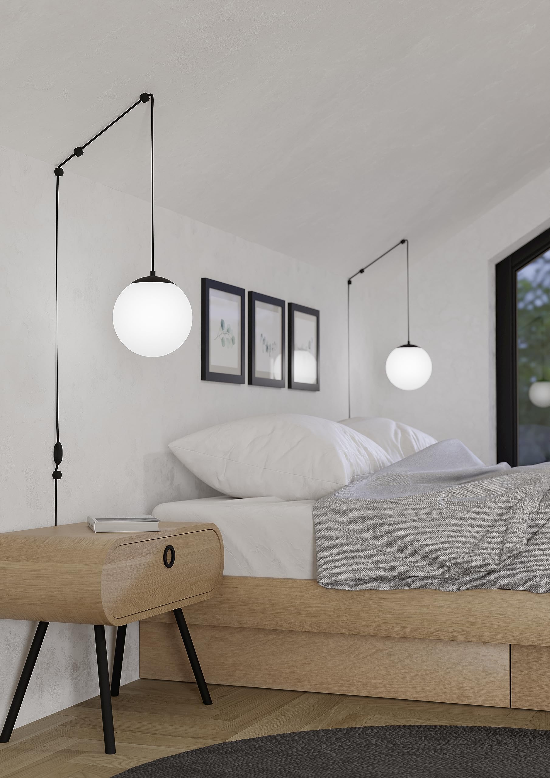 Eglo Rondo 3 Plug-In Pendant Lamp | Black Metal & White Opal Glass E27