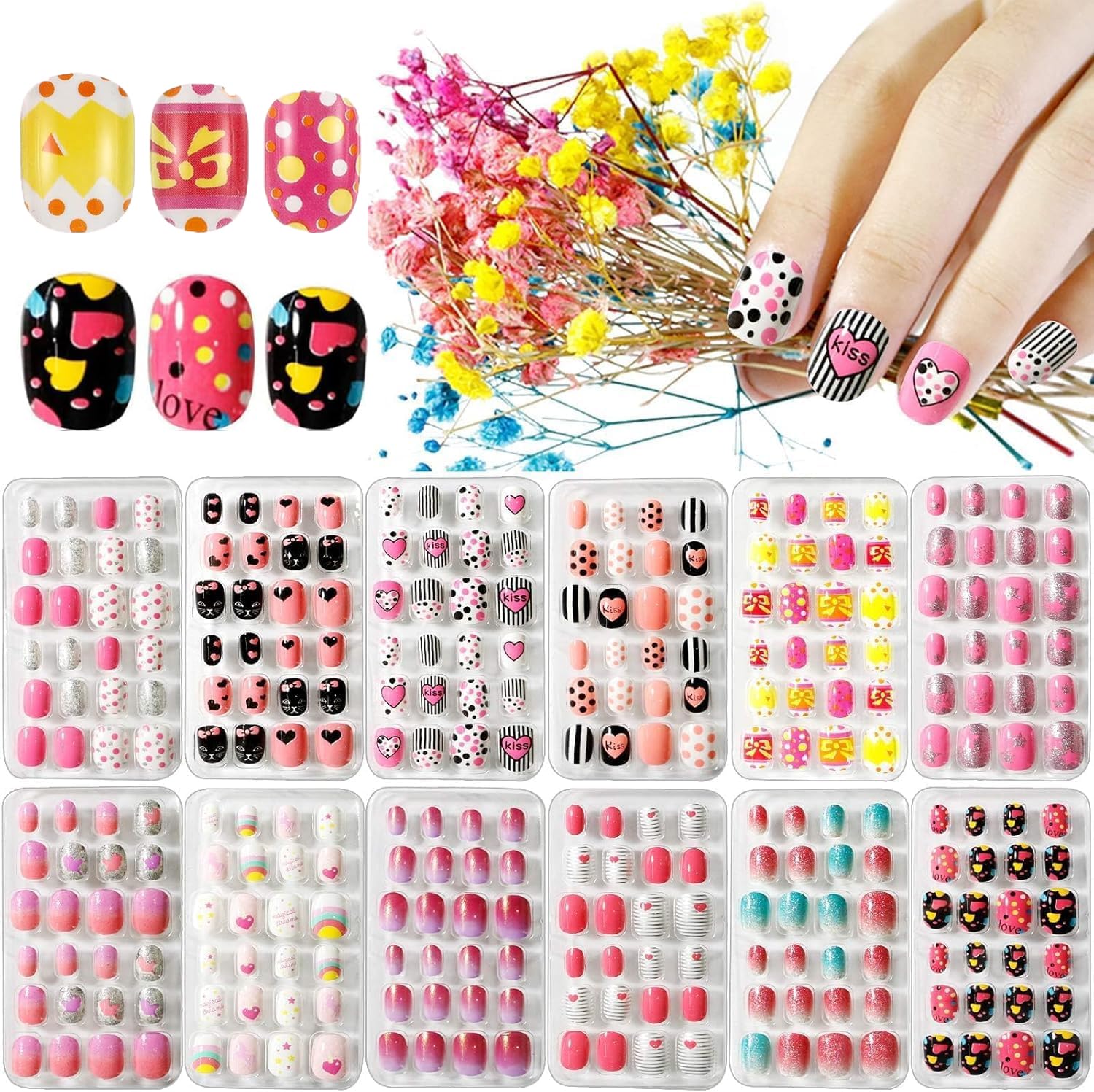 Kalolary 288pcs Kids Press on Nails | Rainbow Gradient Short False Nails