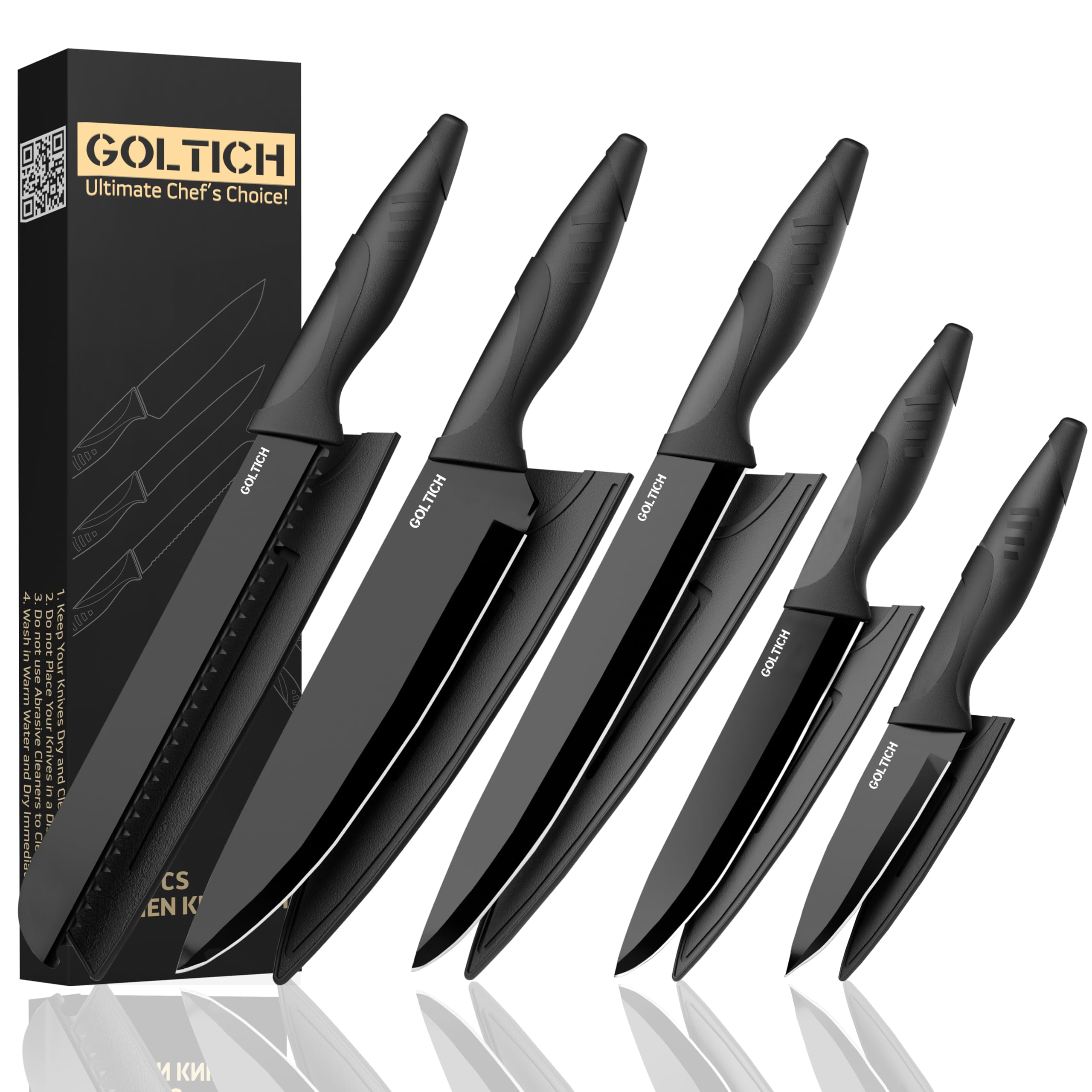 GOLTICH 5-Piece Stainless Steel Kitchen Knife Set with Sheaths – Black