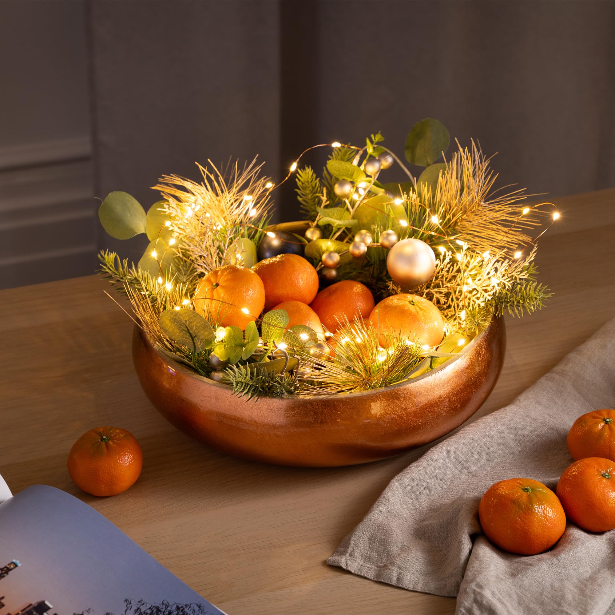 Dehaus Large Bamboo Fruit Bowl – 30cm Copper Gold Leaf Wooden Salad Bowl