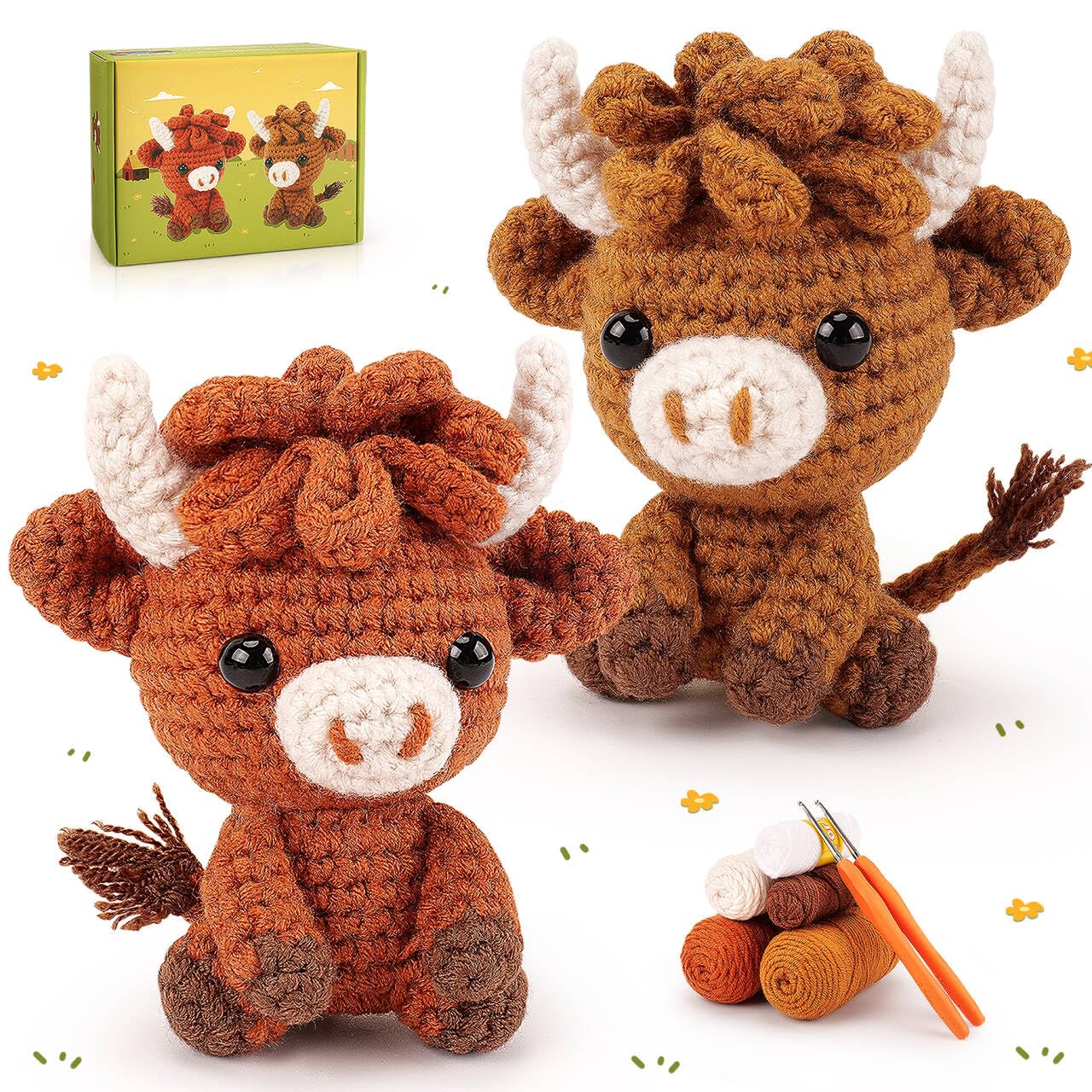 Jolof Store Highland Cow Crochet Kit for Beginners - 2pc Animal Knitting Set