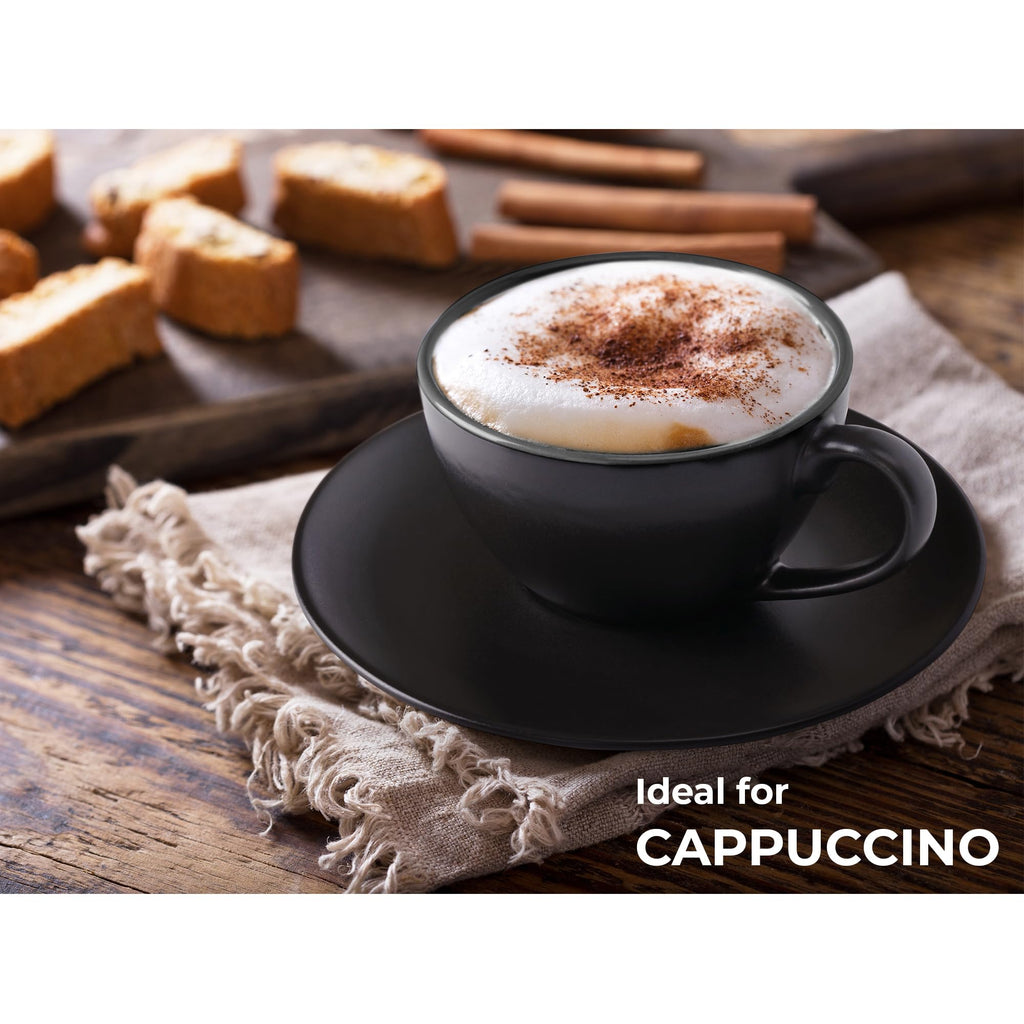 MIAMIO Ceramic Cappuccino Cups Set of 6 - 175ml Mugs with Stand & Saucers