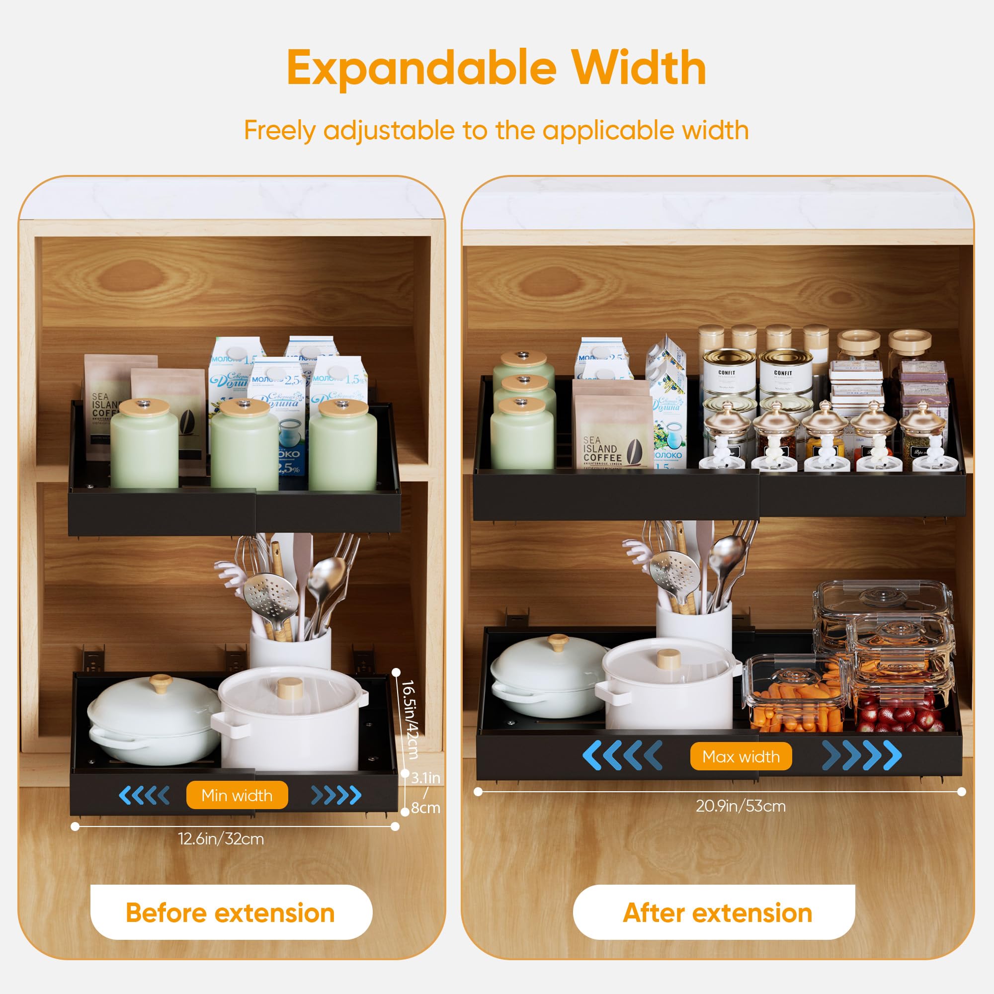 2-Pack Expandable Pull Out Cabinet Organizer, 12.6-21" Width