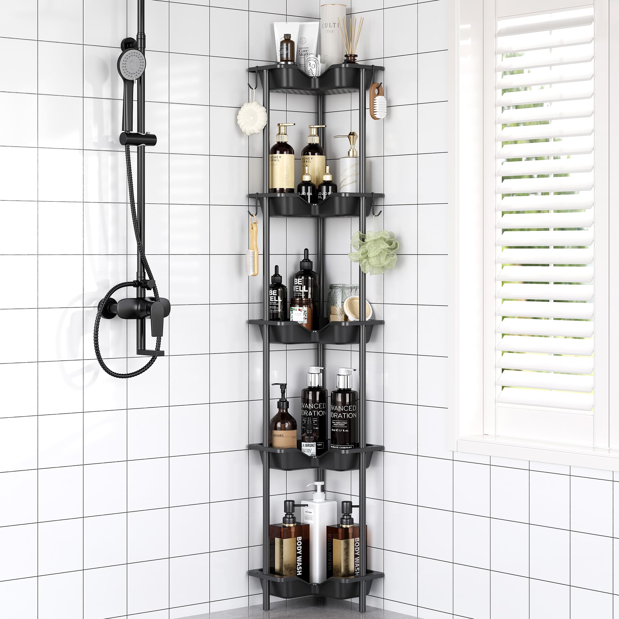 OriwarE 5-Tier Rustproof Floor Corner Shower Caddy - Black Metal Rack
