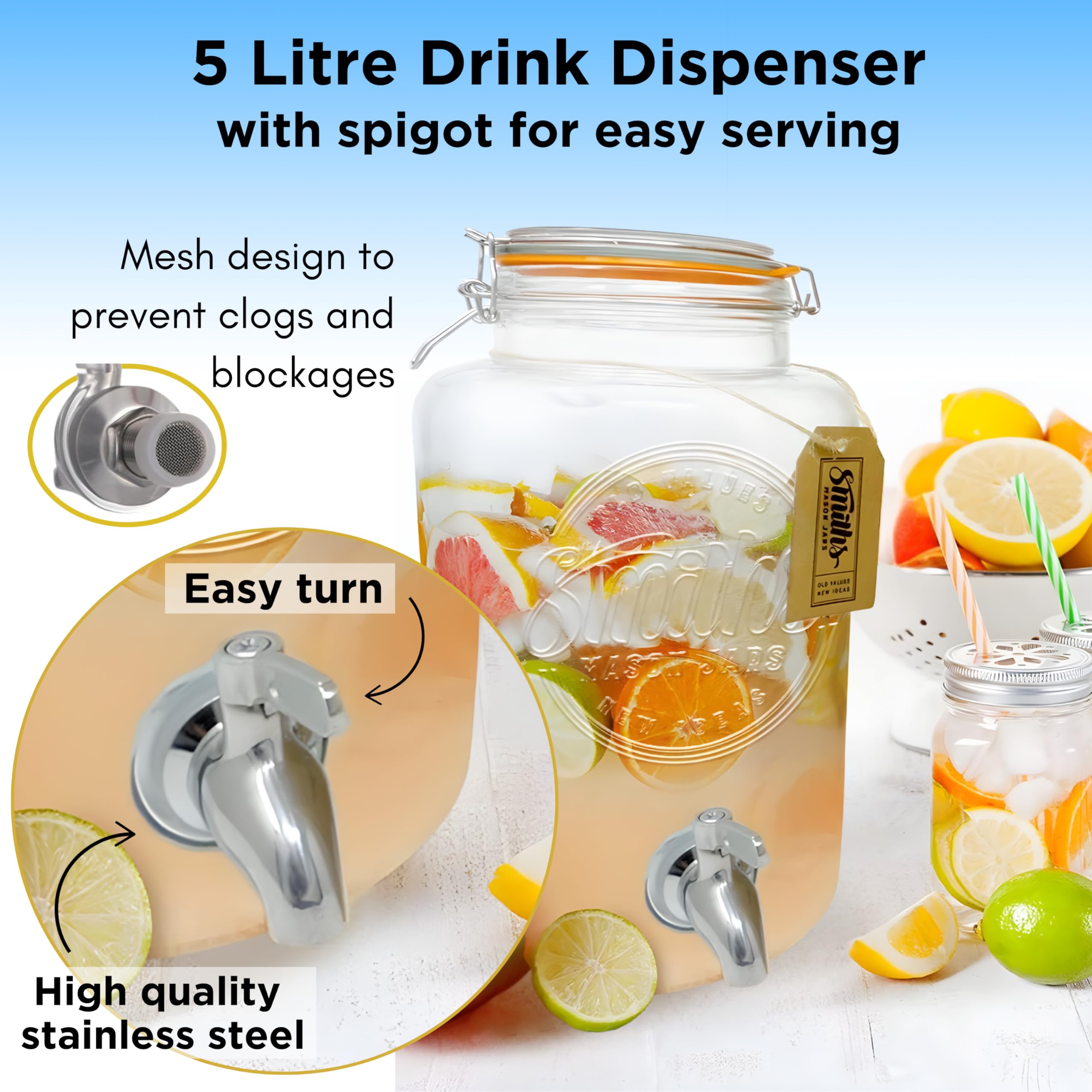 Smith's Mason Jars 5L Glass Drink Dispenser with Stainless Steel Spigot