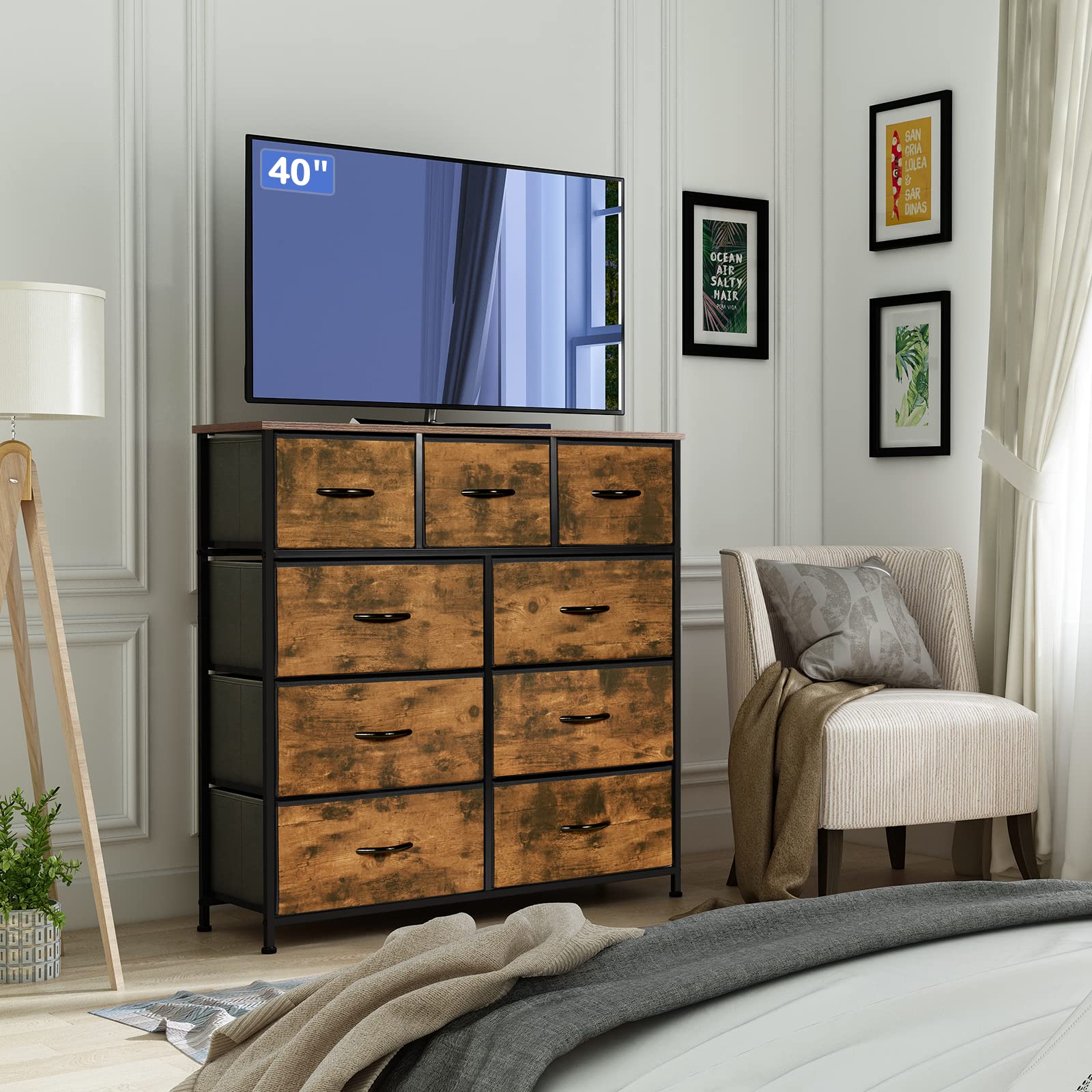 LYNCOHOME 9-Drawer Fabric Dresser – Large Storage Chest with Wood Top