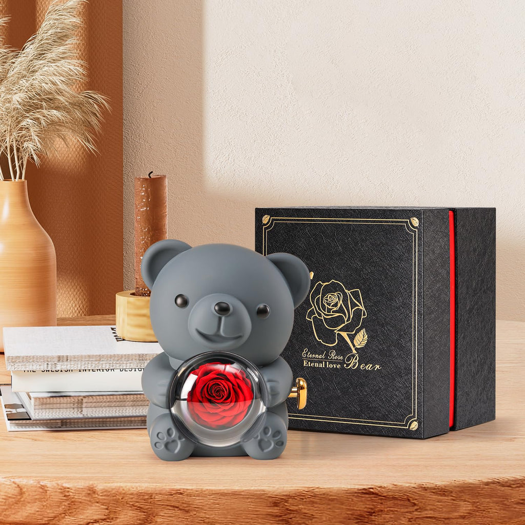 Ariceleo Teddy Bear with Preserved Rose, Jewelry Box & Necklace – Grey