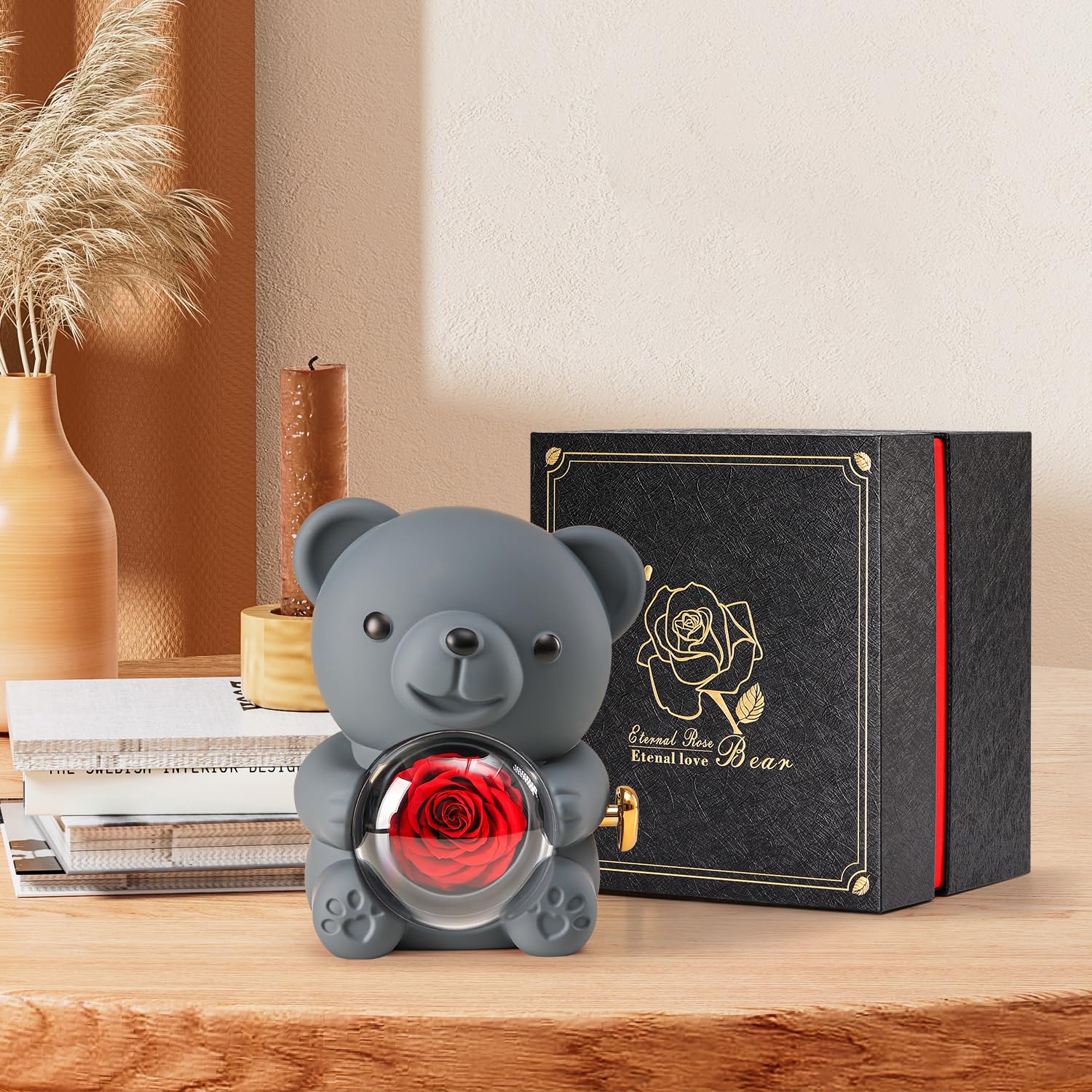 Ariceleo Teddy Bear with Preserved Rose, Jewelry Box & Necklace – Grey