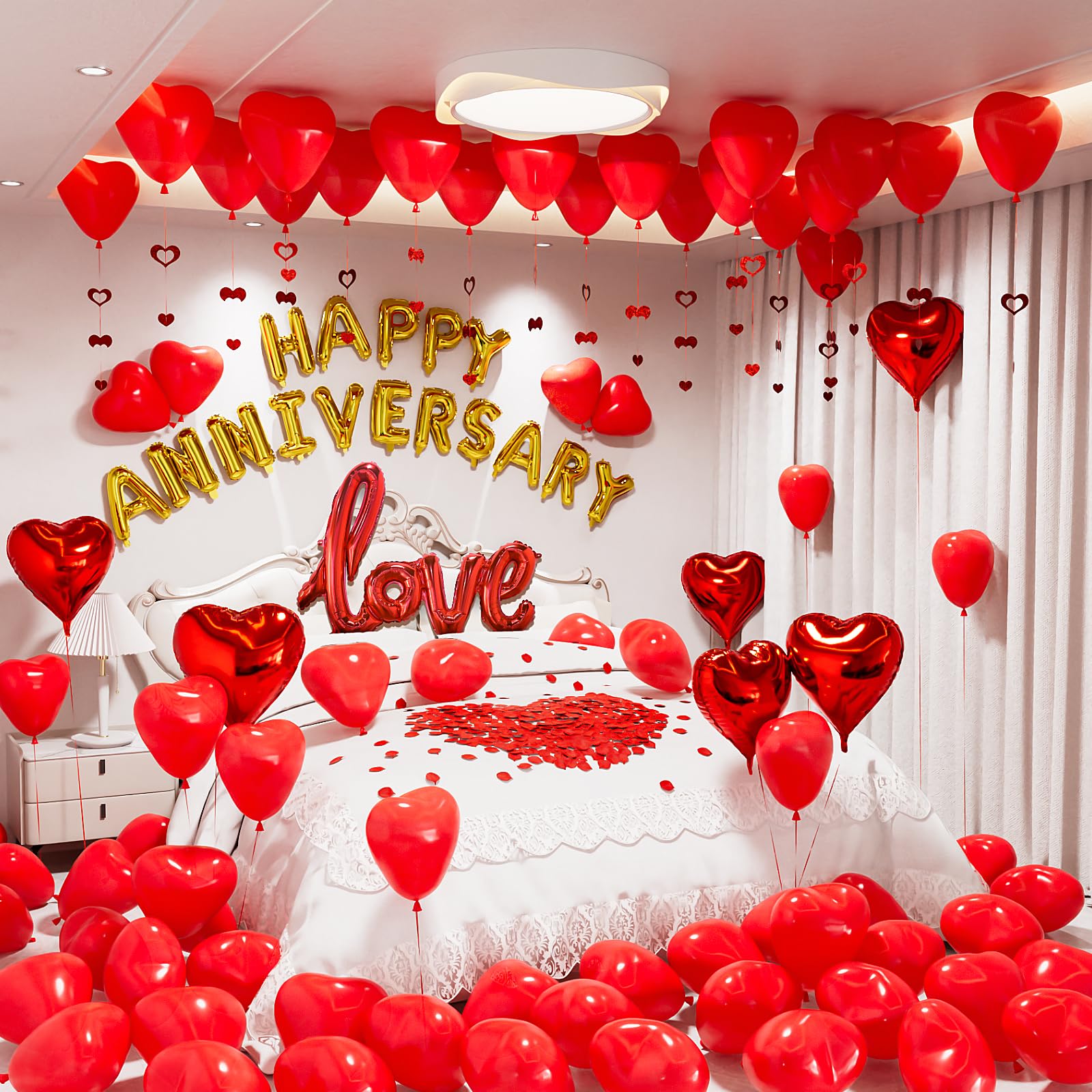Adeyoo Anniversary Decorations Kit | Red Heart Balloons & Rose Petals