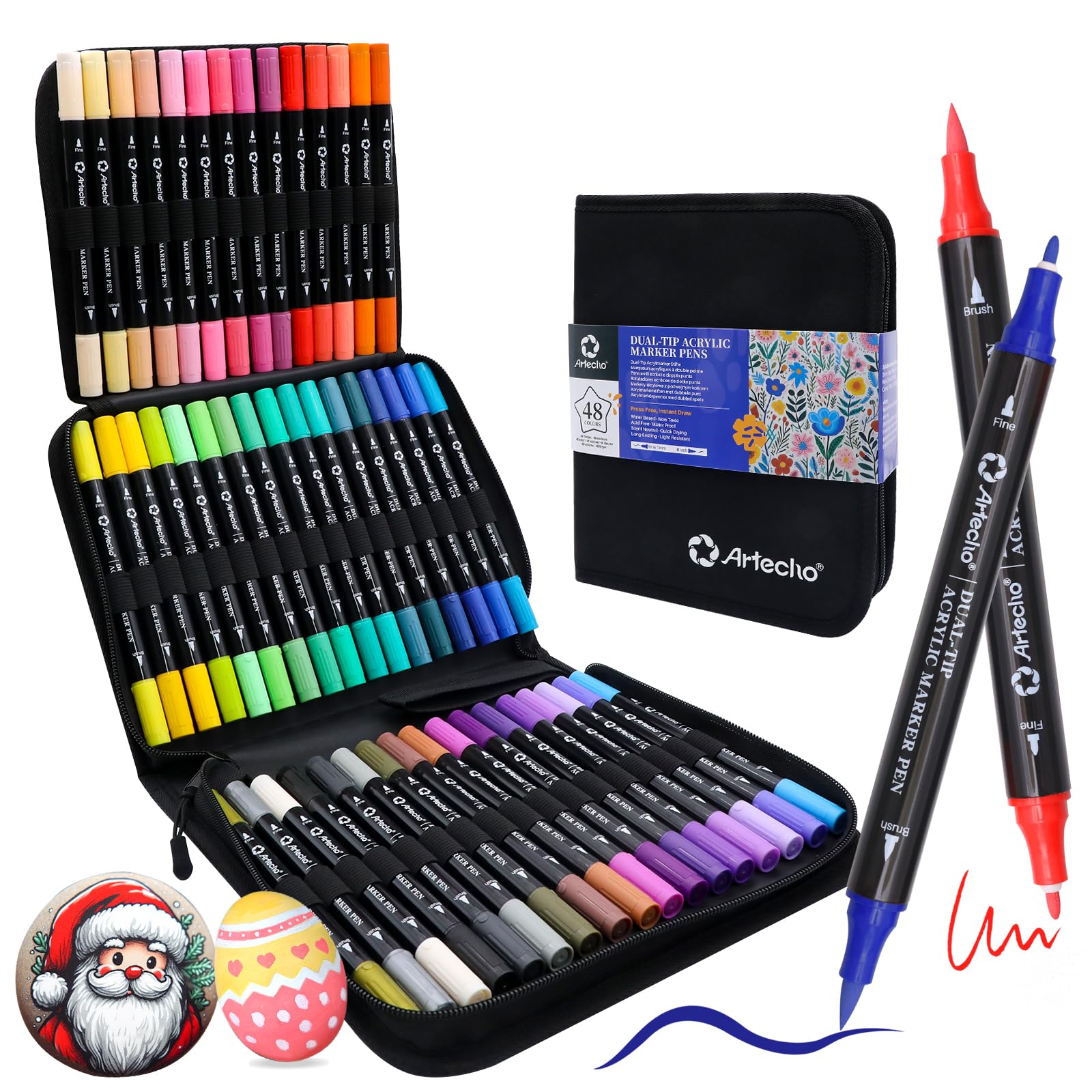 Artecho Acrylic Paint Markers – 48 Colors Dual Tip Pens with Bag