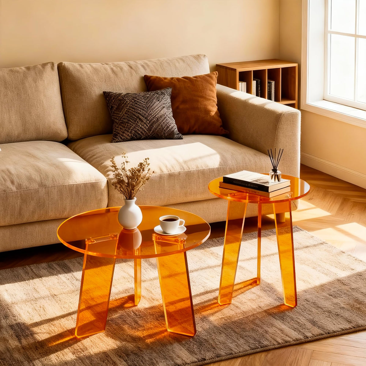 Dewrhiixe Acrylic Round Coffee Table, Clear Circle Modern Lucite Side Table for Living Room, Bedroom, Office Orange, 60×60×40 cm - image 3