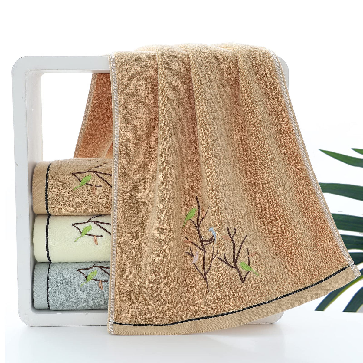 Pidada Hand Towels Set of 4 Embroidered Bird Tree Pattern 100% Cotton Absorbent Soft Decorative Towel for Bathroom 35 x 75 cm Brown - image 4
