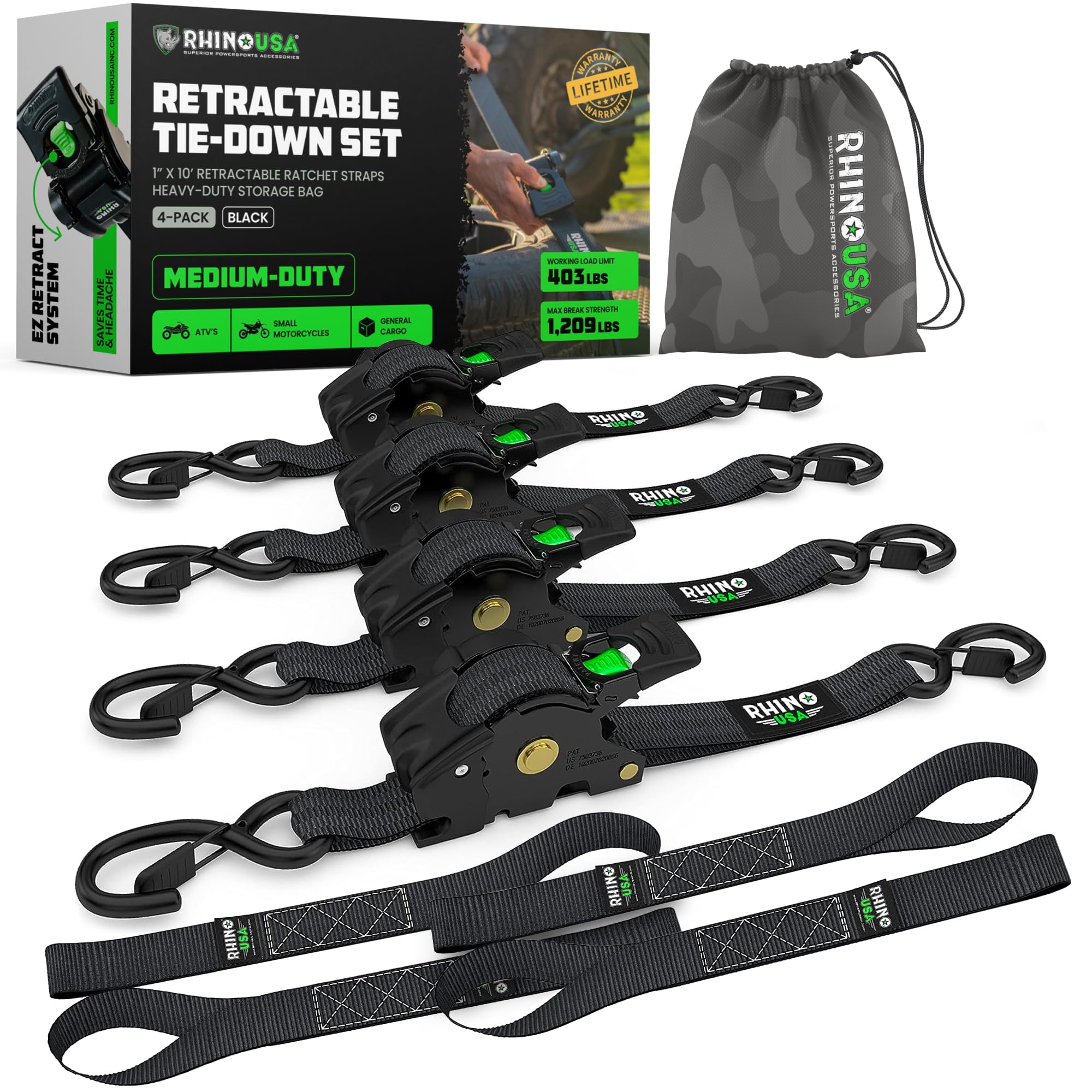 Rhino USA Retractable Ratchet Tie Down Straps - 4PK Heavy Duty 540kg