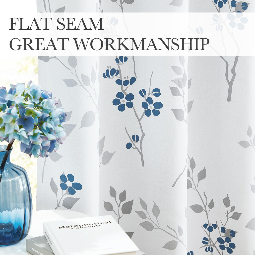 Beauoop Blue Grey Floral Blackout Curtains | Thermal Insulated 2 Panels